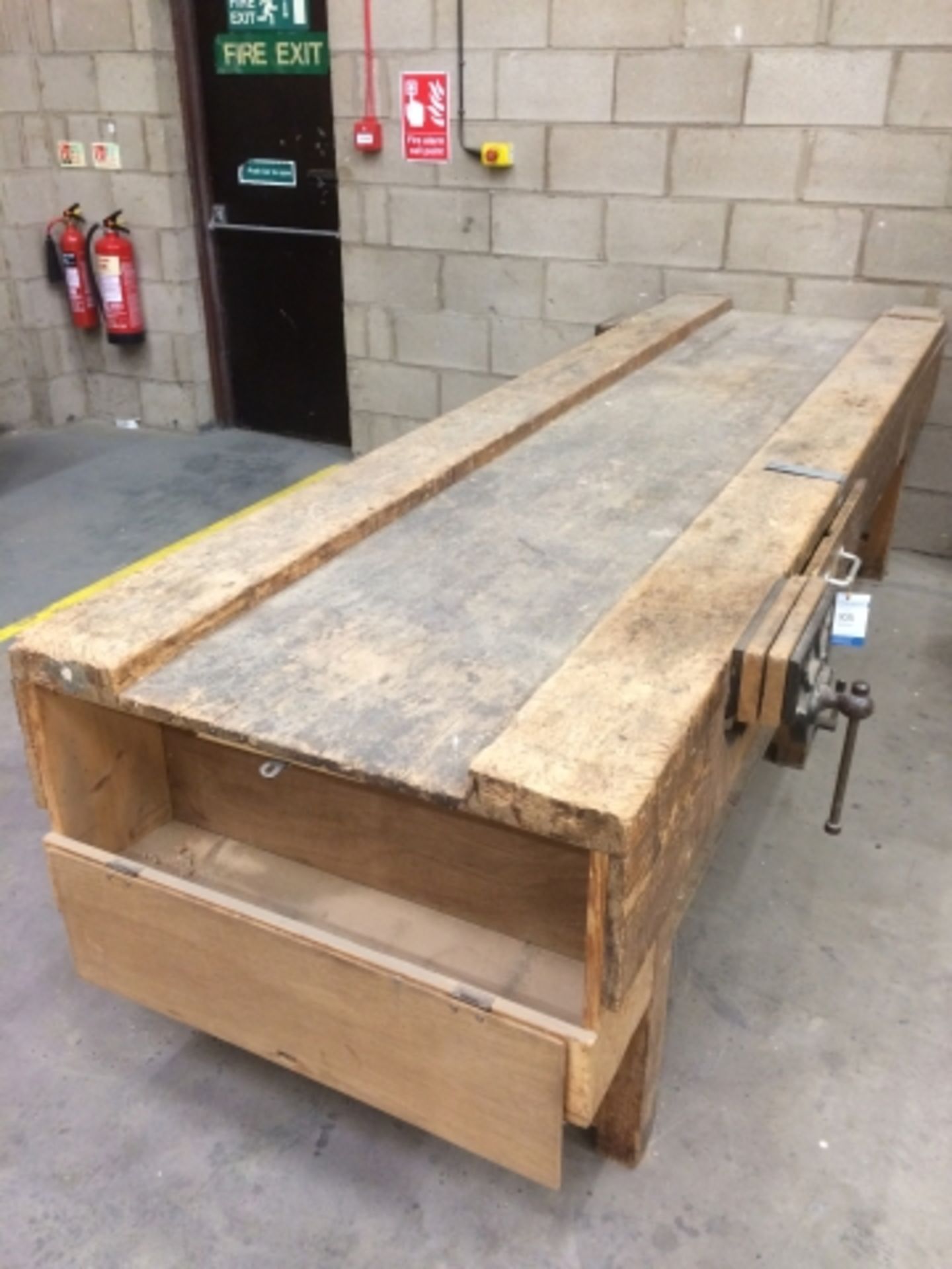 * Wooden Workbench fitted with 2 x Joiners Vices (1.2 x 0.9m). This lot is located at the former