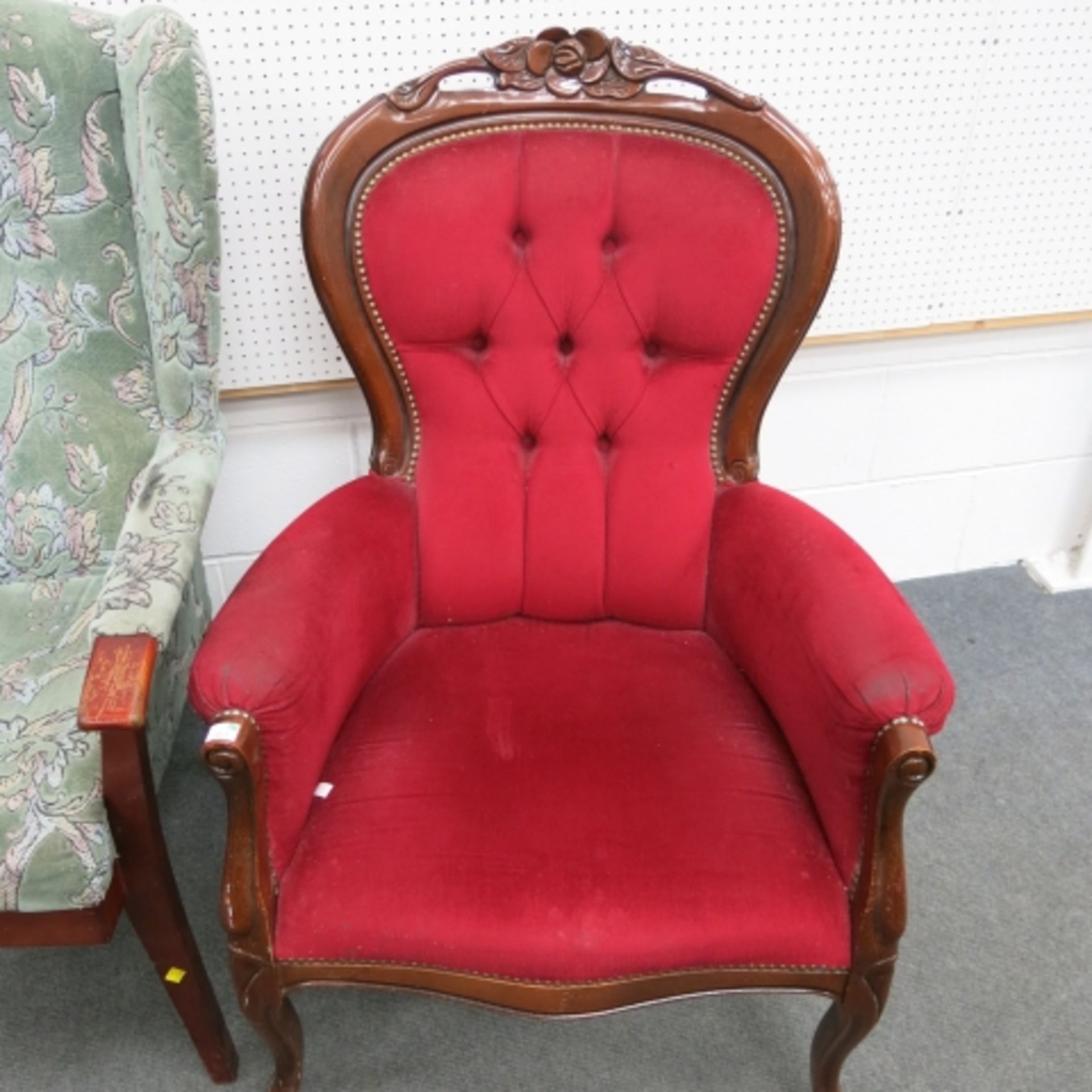 A Victorian style spoon back armchair together with a wing back fireside chair (2) (est. £30-£50) - Image 3 of 5