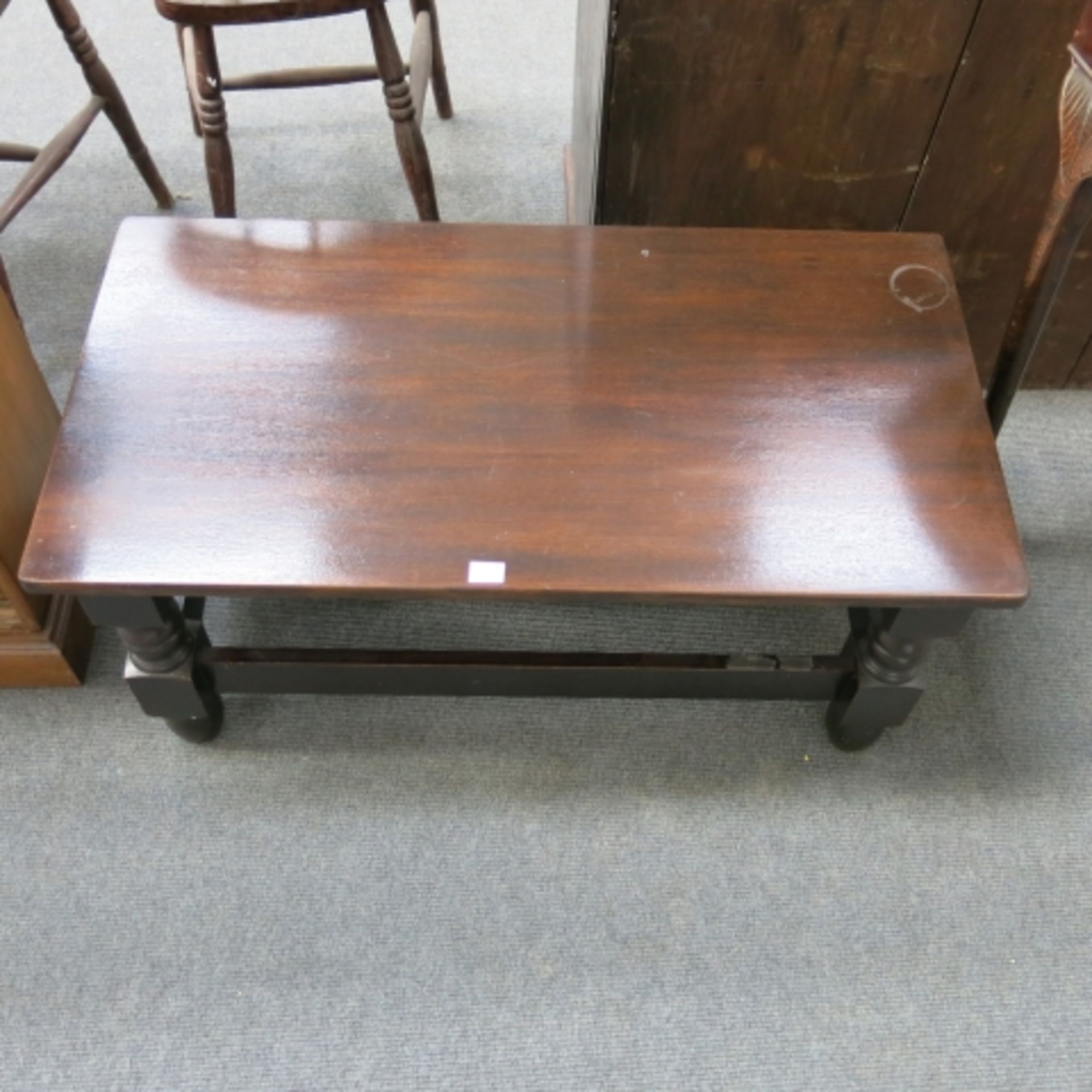 Reproduction mahogany leather top half moon hall table and a rectangular coffee table (2) (est. £ - Image 2 of 5