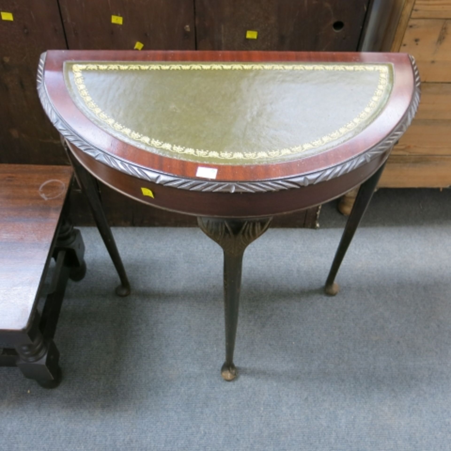 Reproduction mahogany leather top half moon hall table and a rectangular coffee table (2) (est. £