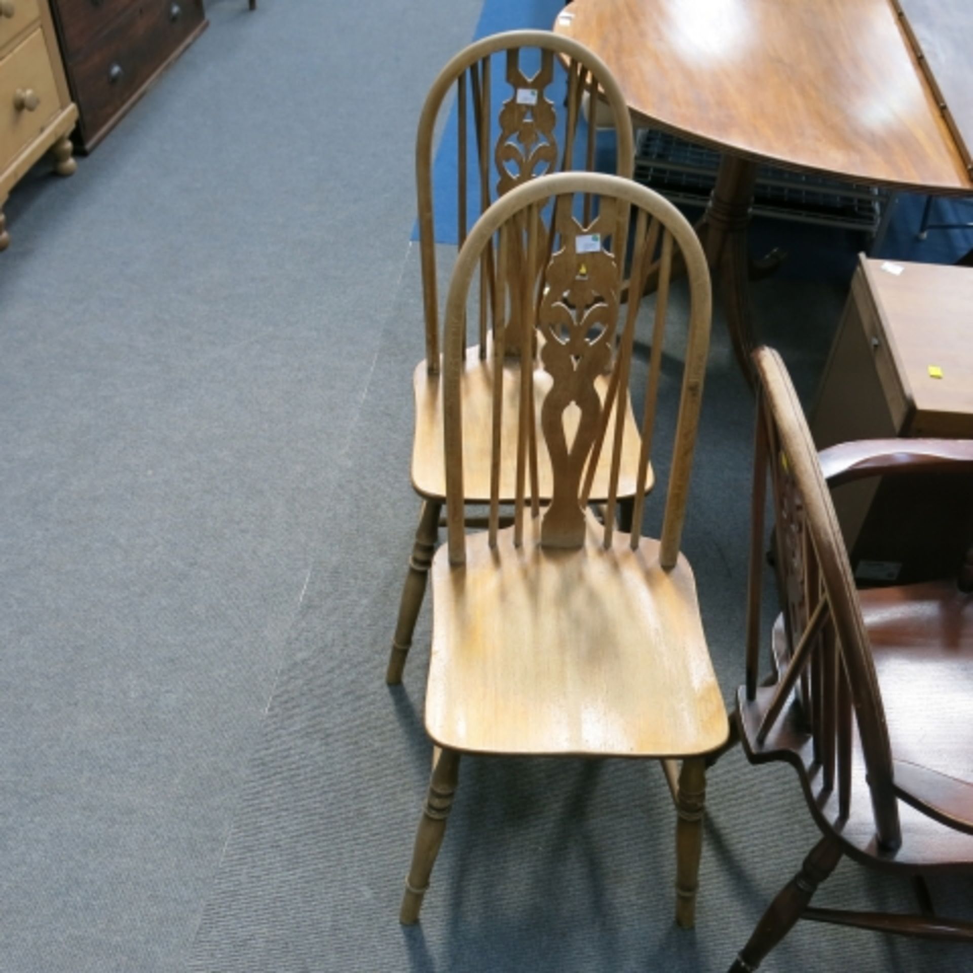 Oak refectory style dining table, 150cm, together with wheelback carver chairs and two spindle - Image 3 of 3