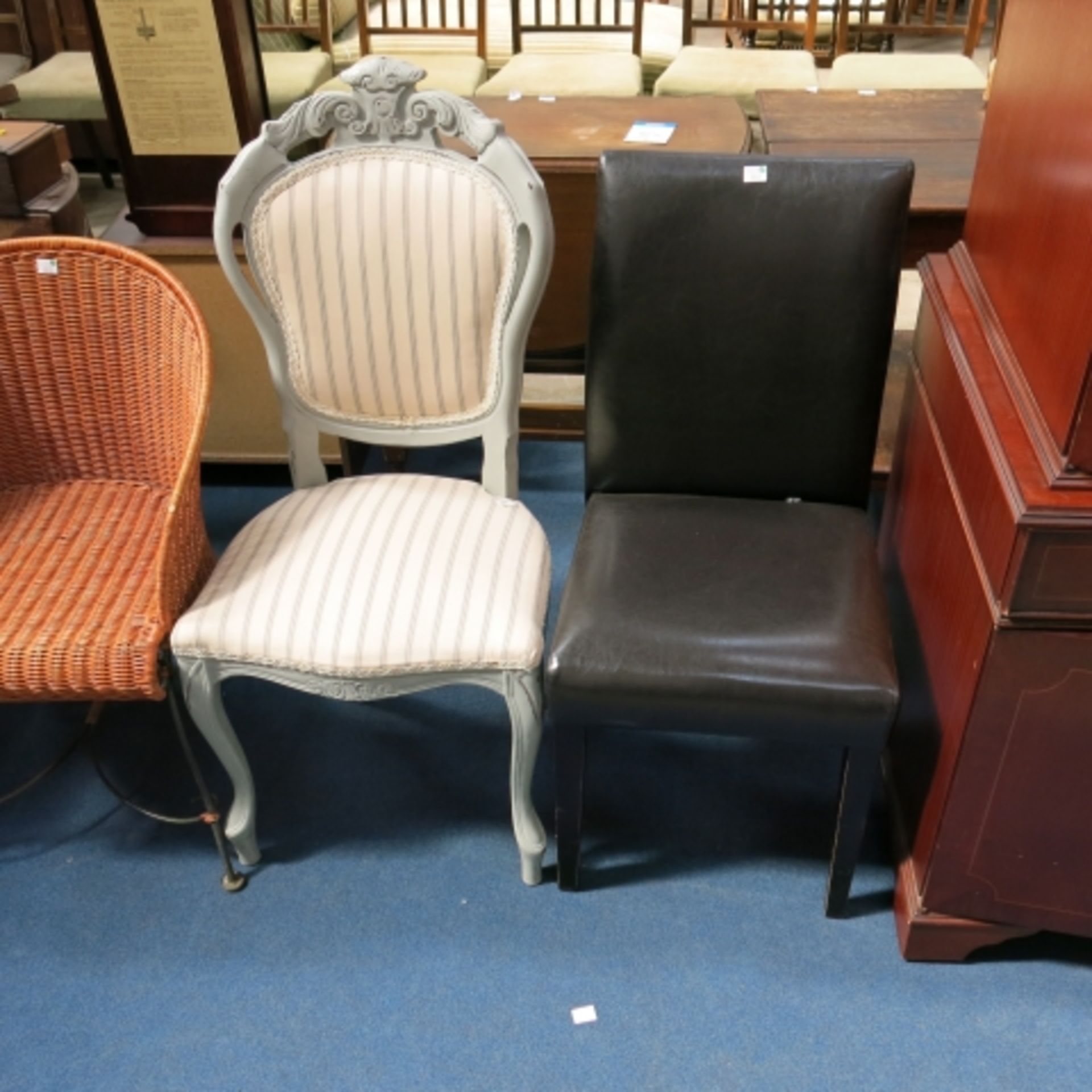 Four various chairs- two different faux leather high back singles, a painted French style salon