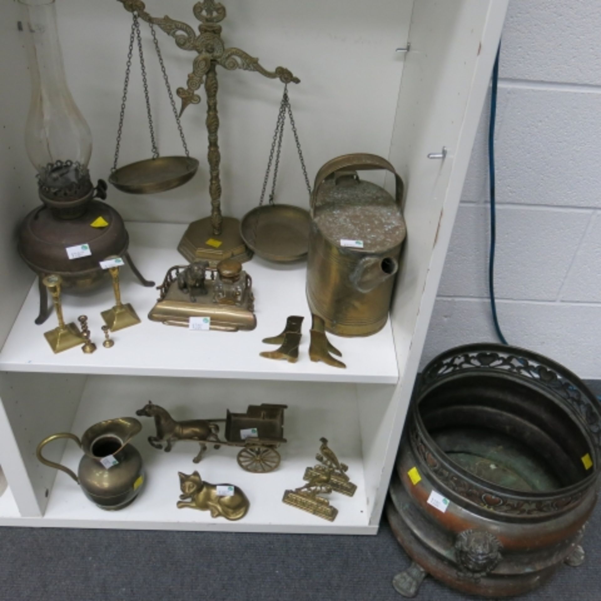 A Collection of Brassware Items and Others to include Large Plant Pot Holder, Scales, Miniature