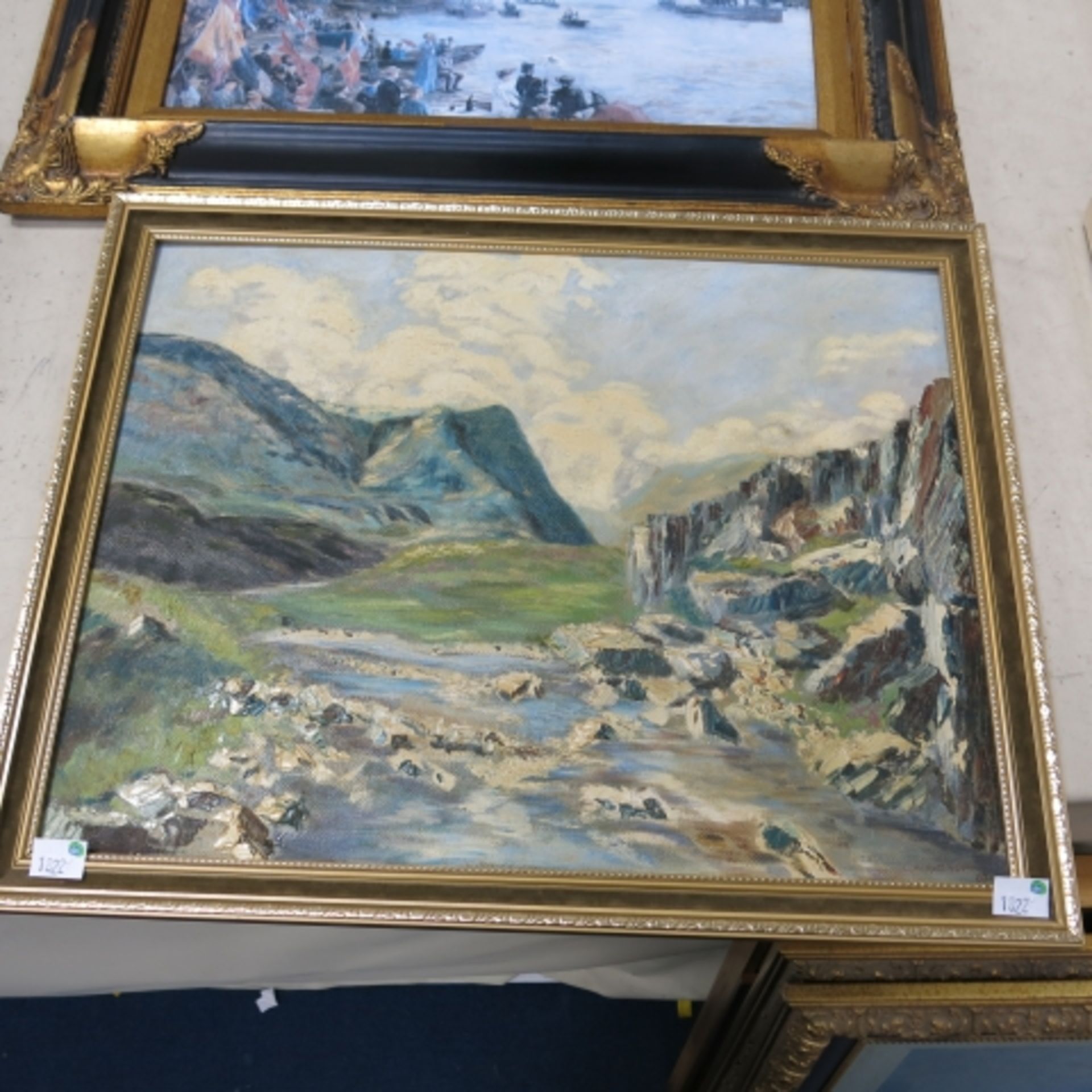 An Oil on Board by G. Robinson of a Stream before Mountains (54cm x 42cm) (est. £30-£50)