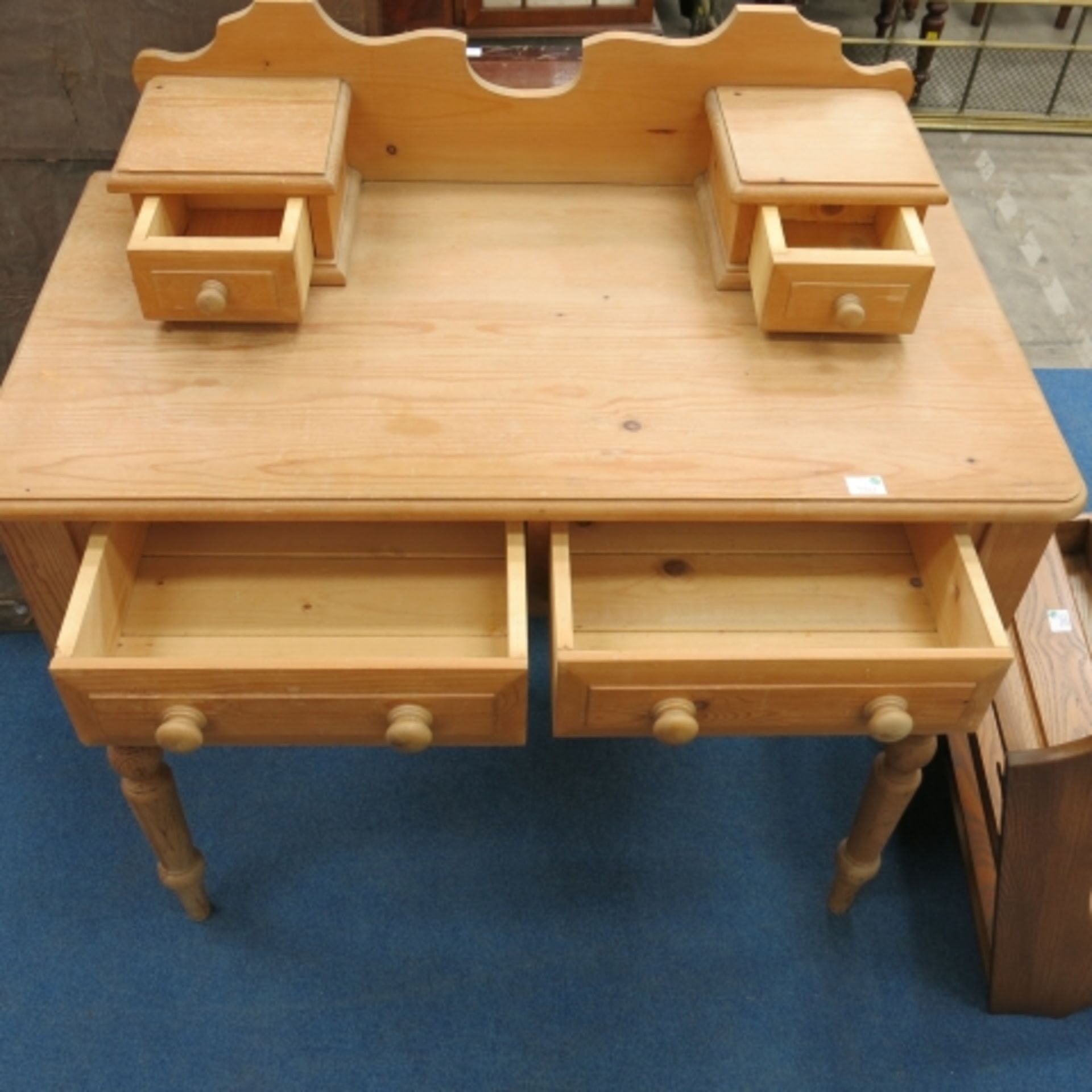 A stripped pine part dressing table, an Ercol style elm wall rack and a teak tv cabinet (3) (est. £ - Image 3 of 7