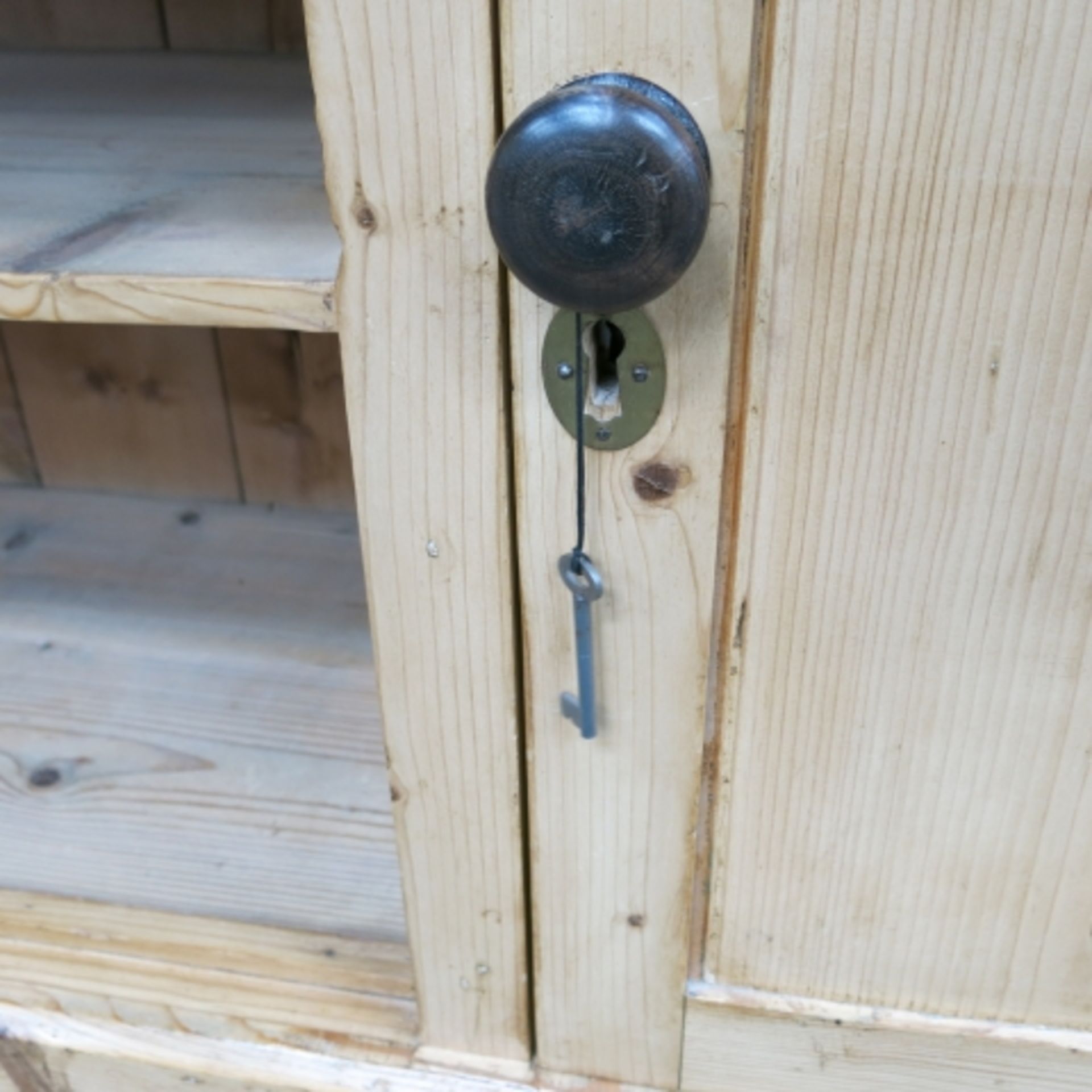 A Victorian stripped and polished pine 'Welsh' dresser with large delft rack over cupboards and - Image 7 of 9