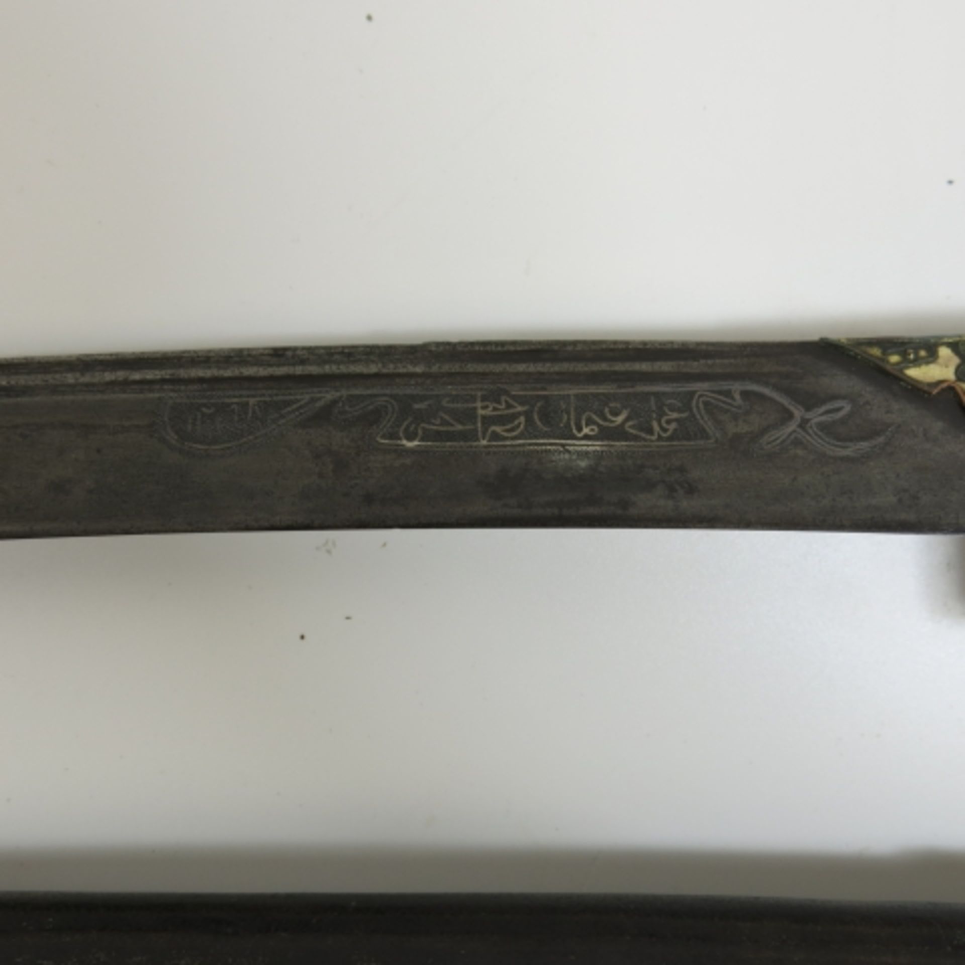 A Turkish Yataghan with bone handle decorated with metalwork and coral. The blade engraved - Image 6 of 6