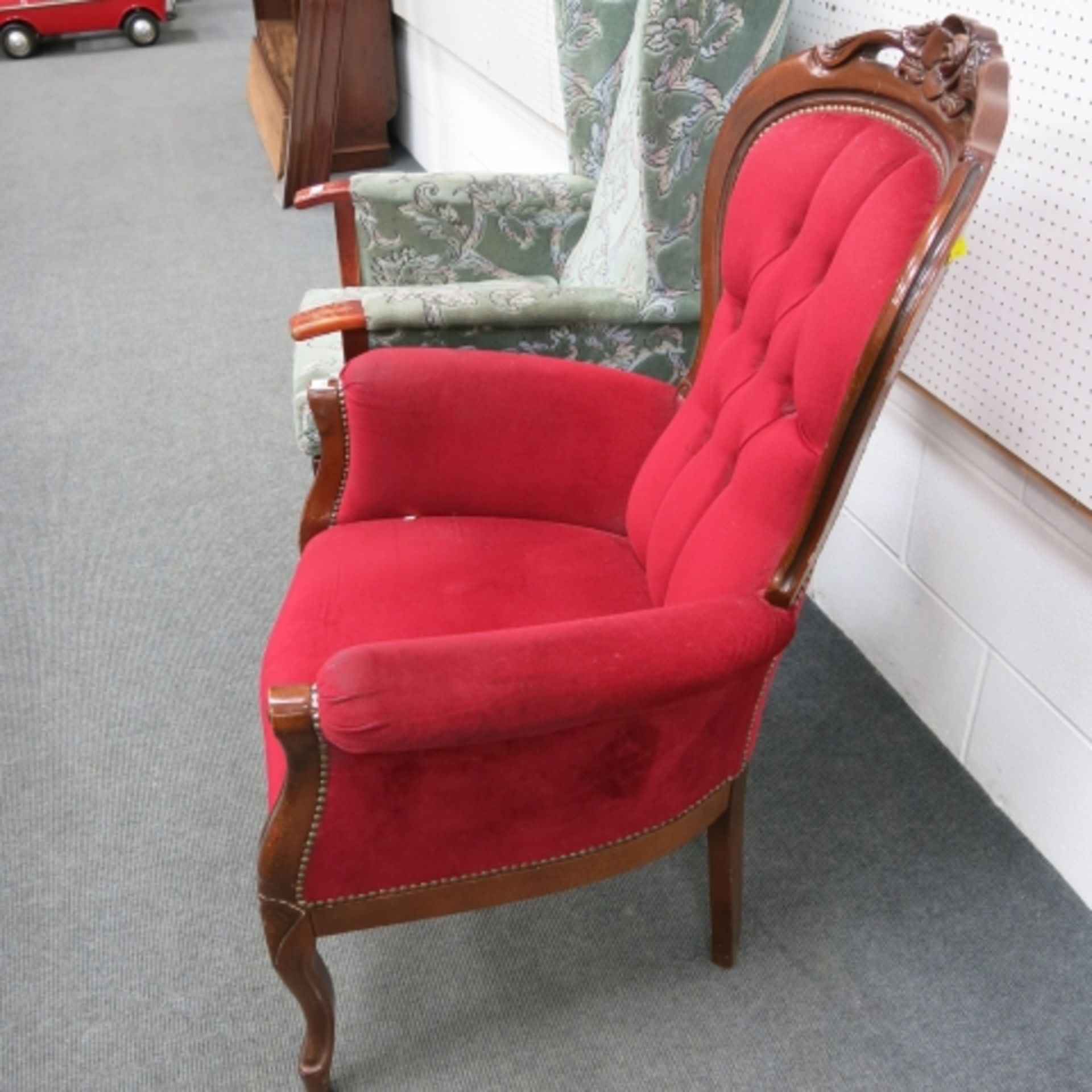 A Victorian style spoon back armchair together with a wing back fireside chair (2) (est. £30-£50) - Image 4 of 5