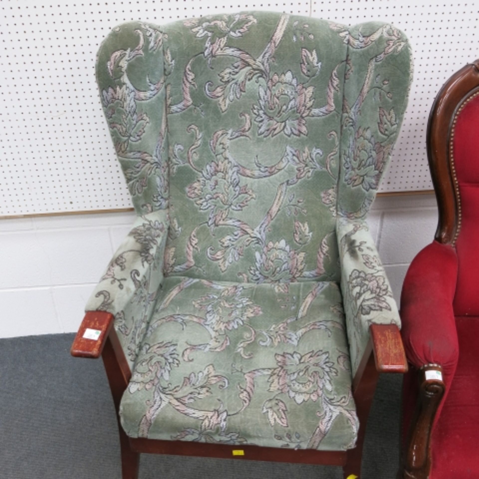 A Victorian style spoon back armchair together with a wing back fireside chair (2) (est. £30-£50) - Image 2 of 5