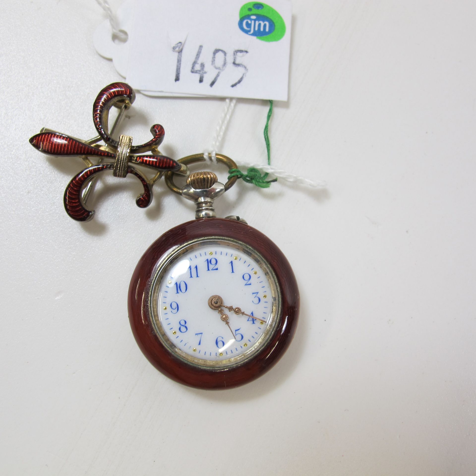 A Silver (?) and Red Enamel Small Keyless Wind Fob Watch with Matching Clip/Brooch (est £40-£70)