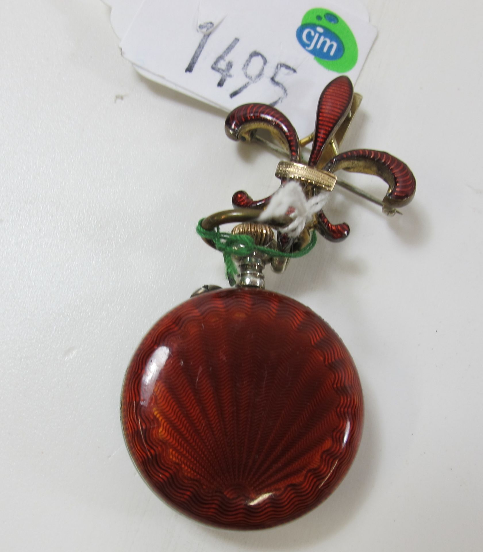 A Silver (?) and Red Enamel Small Keyless Wind Fob Watch with Matching Clip/Brooch (est £40-£70) - Image 2 of 2