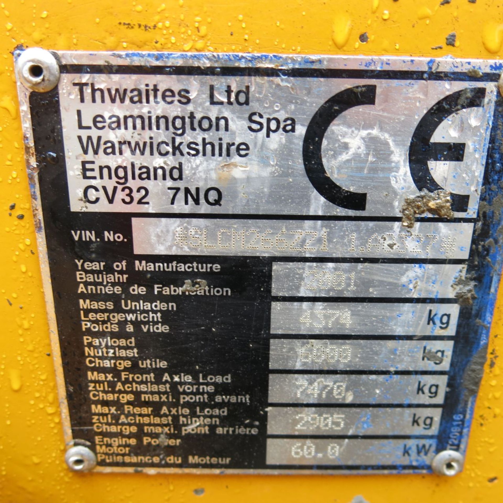 * Thwaites 6 Tonne 4WD Articulated Dumper, Front Tip.  YOM 2001.  Perkins 4 Cylinder Diesel Engine. - Image 7 of 14