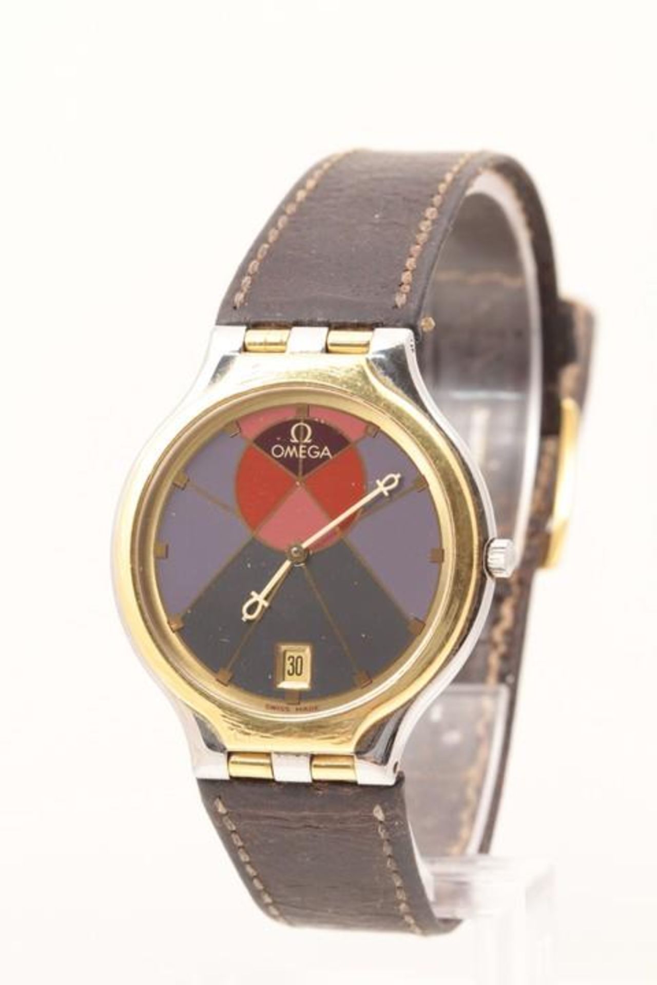 Omega De Ville Symbol Sun Stainless Steel, 18ct Gold Bezel Watch and Brown Leather Strap. Watch