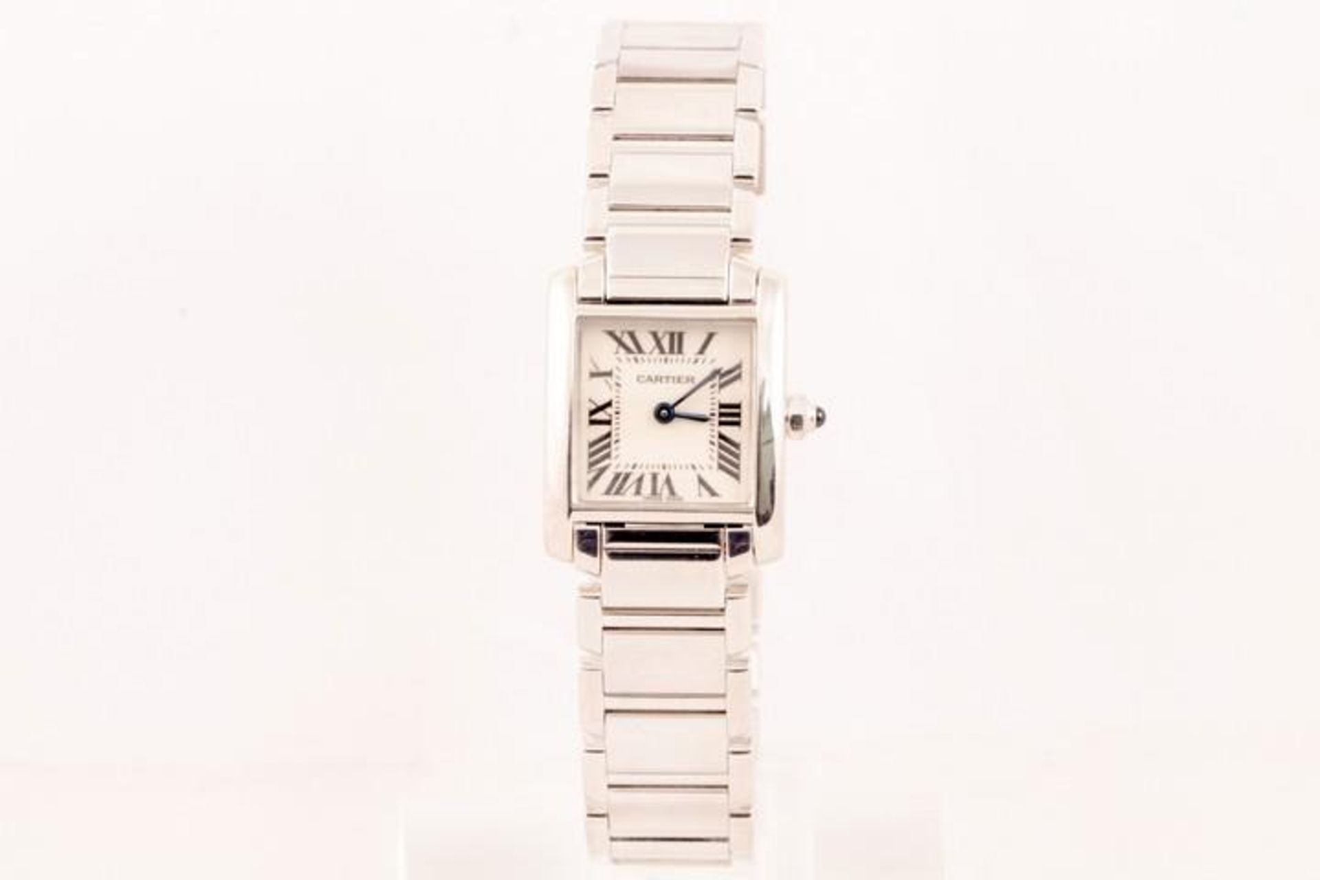 Cartier Tank Francaise Ladies 18ct White Gold 75GM Watch and Bracelet. Watch features a cream