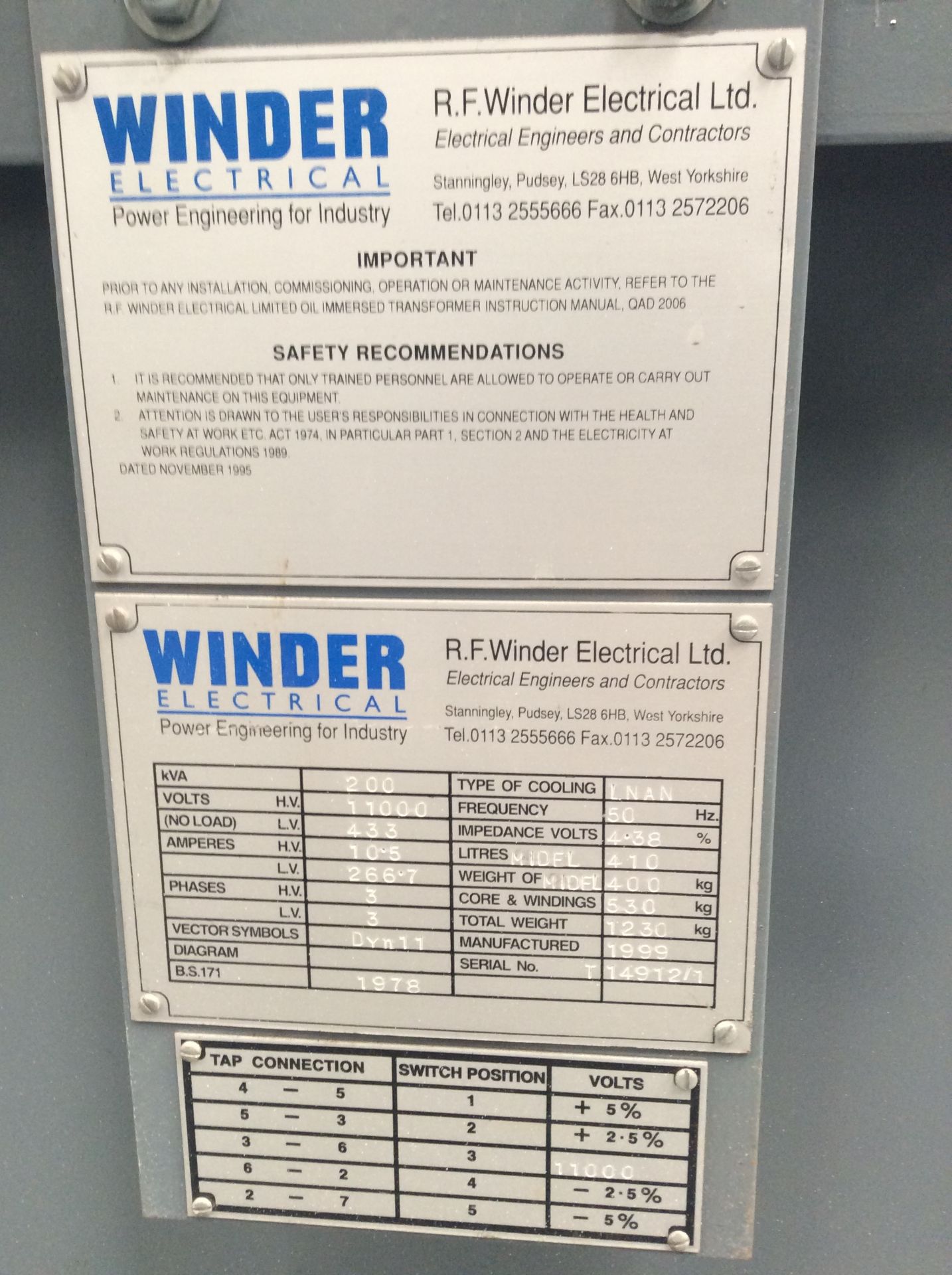 200 Kva Winder Transformer. 11000 / 433 Volts.  LNAN cooling 1230 Kg. year of manufacture 1999 - Image 2 of 2