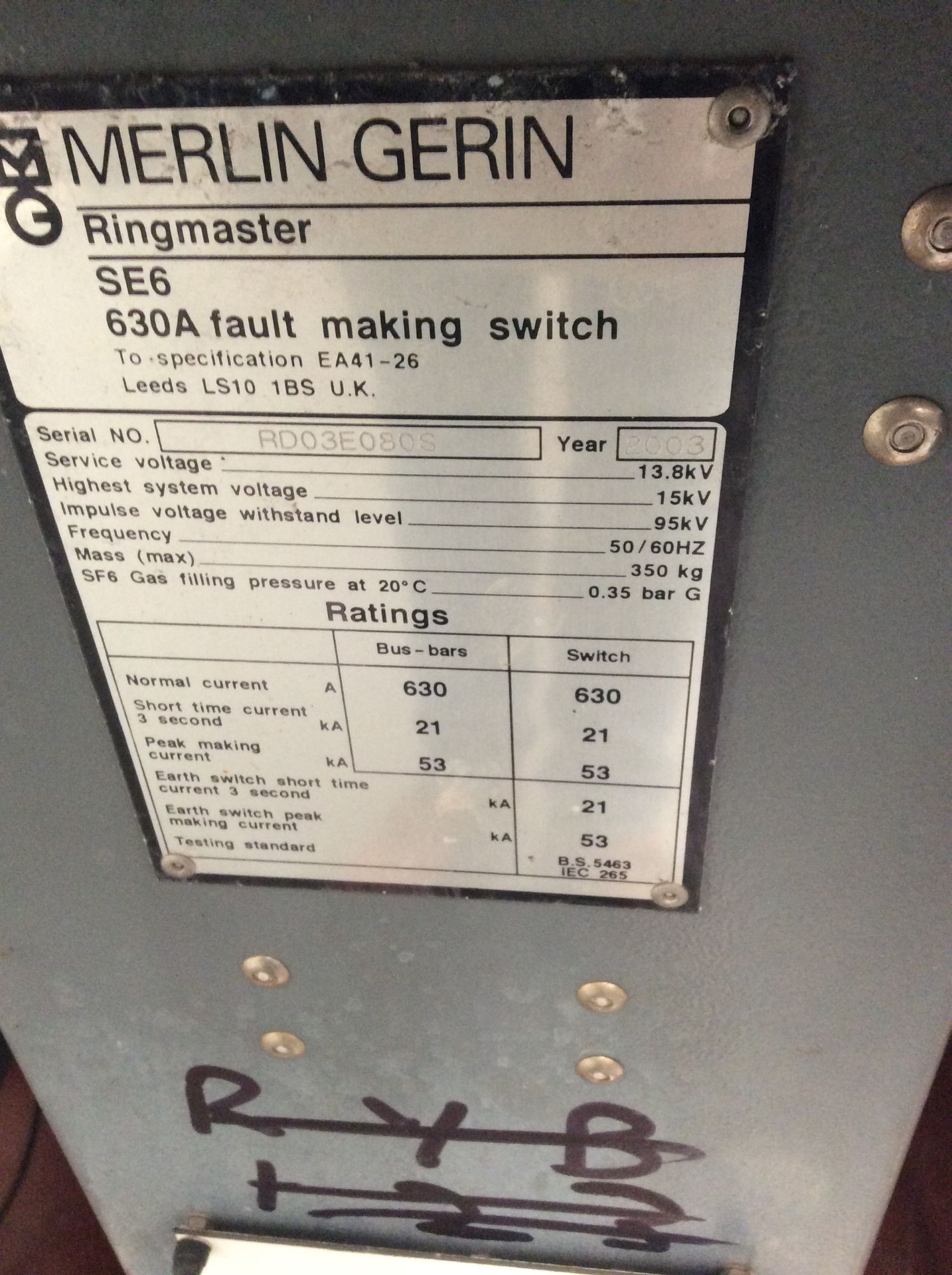 Merlin Gerin SE6 Ringmain Unit. 15 kv. 350 Kg. year of manufacture 2005 - Image 2 of 2