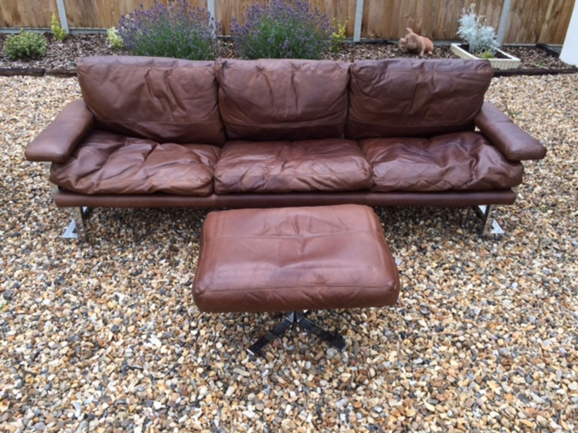 Rare Pieff vintage retro 70s brown leather 3 seater sofa, 2 seater sofa, chair and stool.