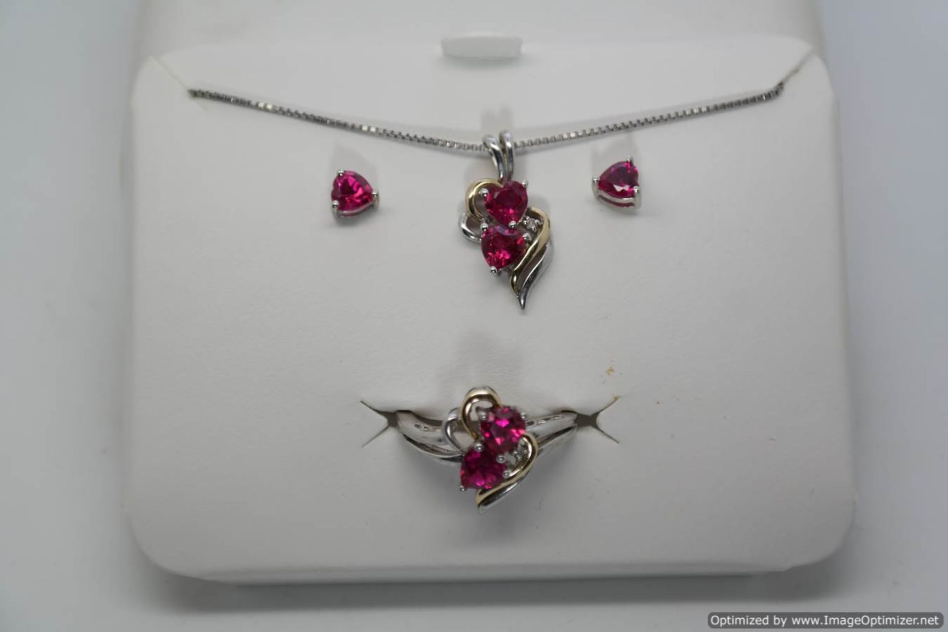 SUPERB 14ct GOLD & SILVER 925 RUBY HEART SHAPED PENDANT, RING & MATCHING EARRINGS