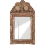 A small 17th/18th Century Louis XIV mirror, 
carved and silvered, cavetto sight, plain frieze, cross