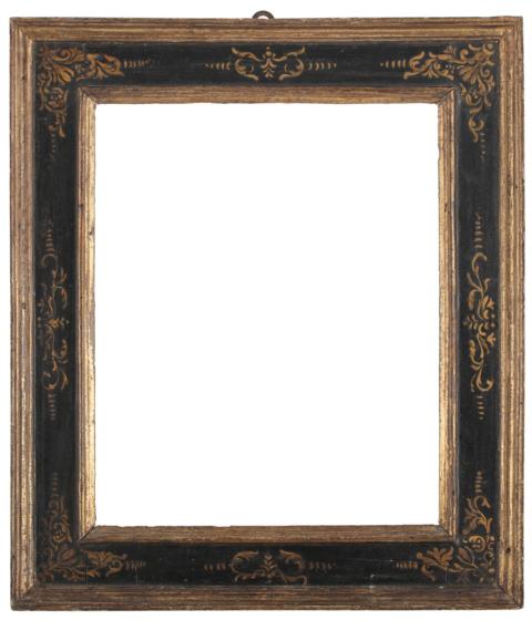 An Italian late 16th Century cassetta frame,
black painted and partly gilded, cavetto sight,