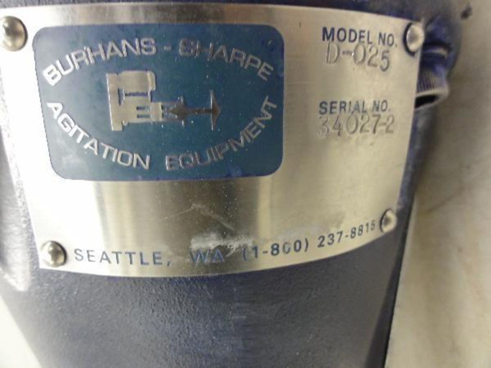 Burhans-Sharpe Model D-025 Mixer Agitator Stirrer Unit, Serial No. 34027-2, GE Motor, 1/2 H.P., - Image 9 of 11