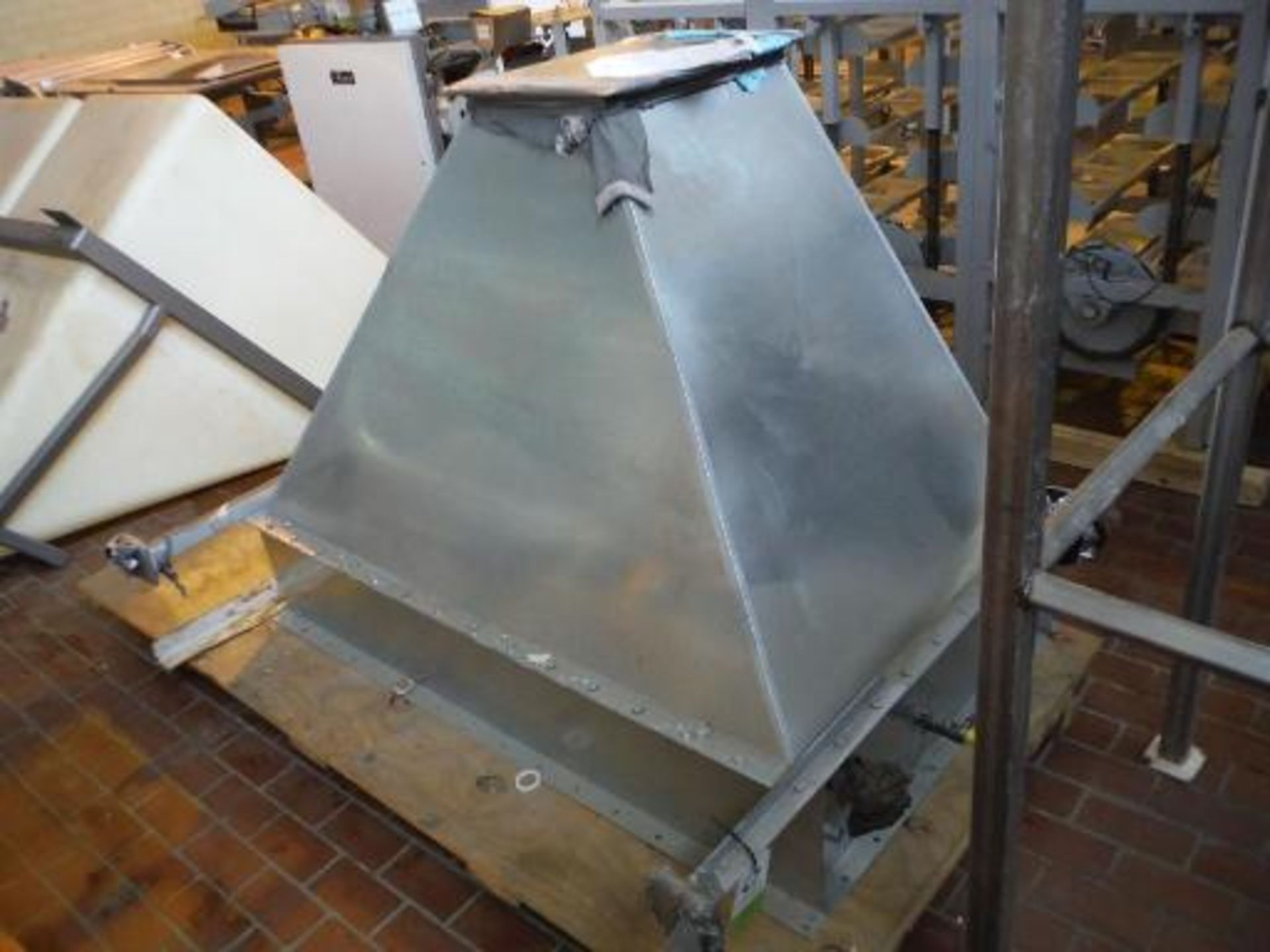 Galvanized hopper, 64 in. long x 36 in. wide infeed x 48 in tall, ***___   A Rigging Fee of _ $75