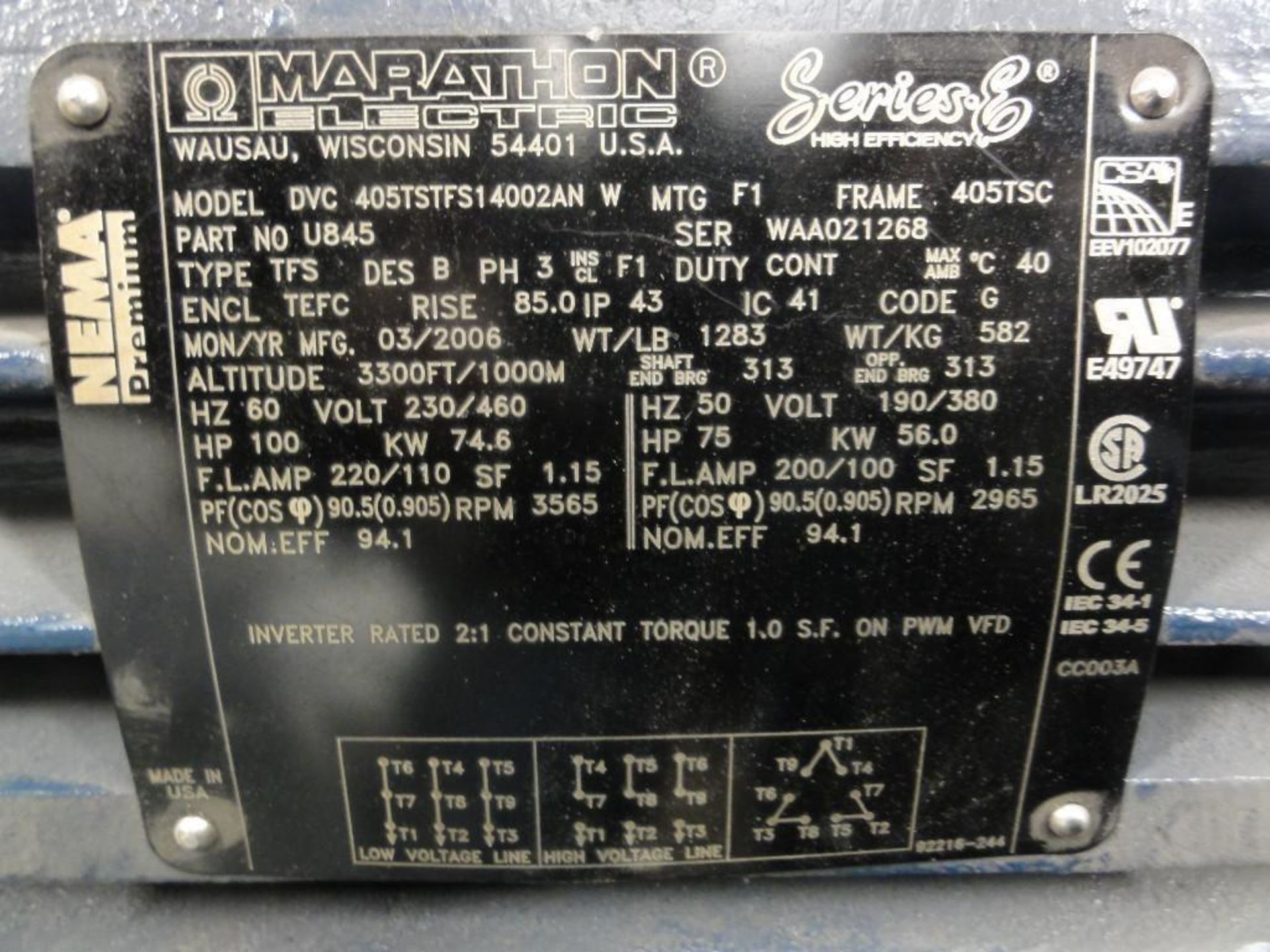 NEW Marathon 100HP Electric Motor, Make:Marathon Electric (Made in USA), Model: 405TSTFS14002ANW, - Image 8 of 8