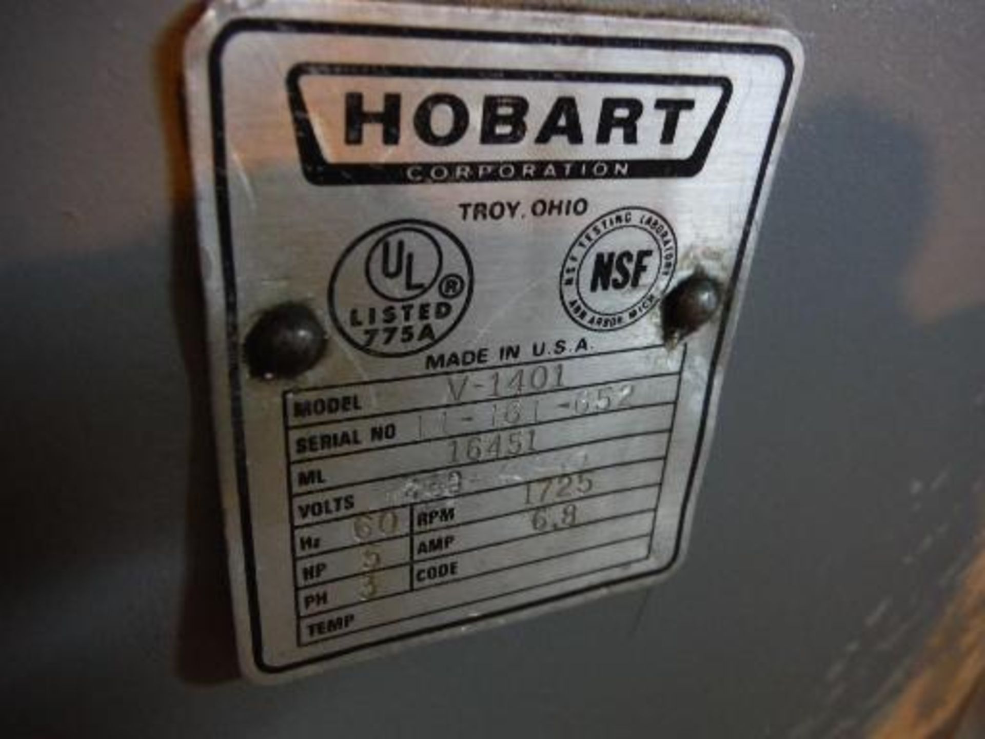 Hobart 140 qt Mixer, Model: V-1401, S/N: 11-161-652, w/ SS bowl ***___   A Rigging Fee of _ $100 _ - Image 2 of 3