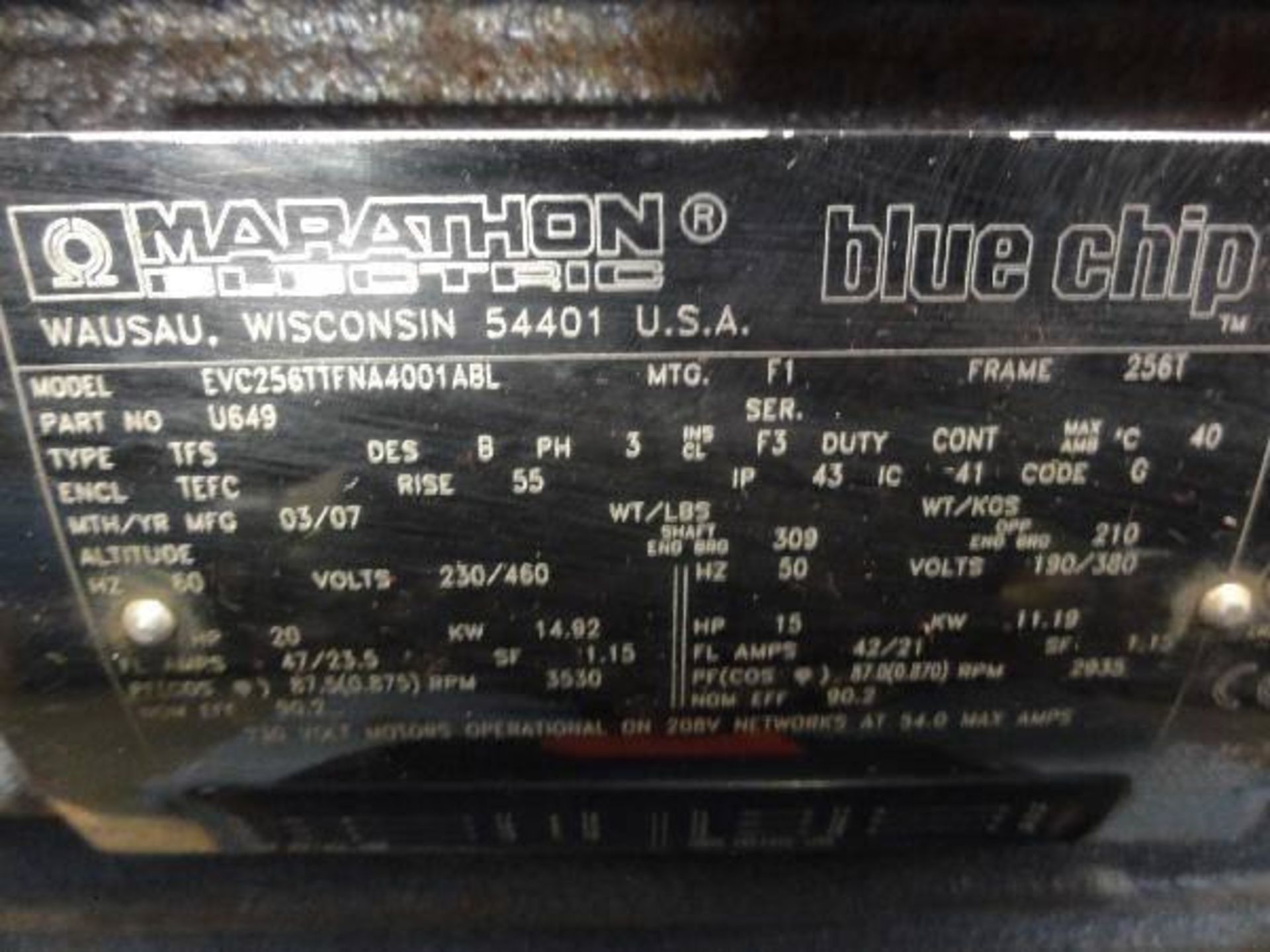 Refurbished Marathon 20HP Electric Motor, Make: Marathon Electric (Made in USA), Model: - Image 9 of 9