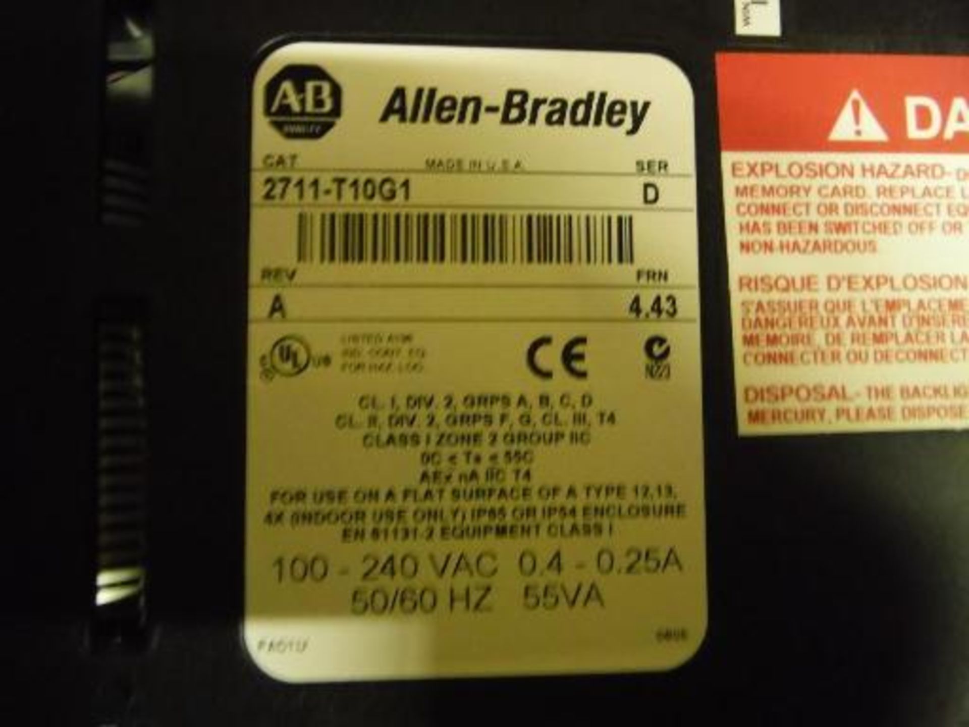 (1) Allen Bradley Panelview 1000, Cat no 2711-T10G1, Ser D, Rev A, (1) Allen Bradley Panelview 1000, - Image 3 of 5