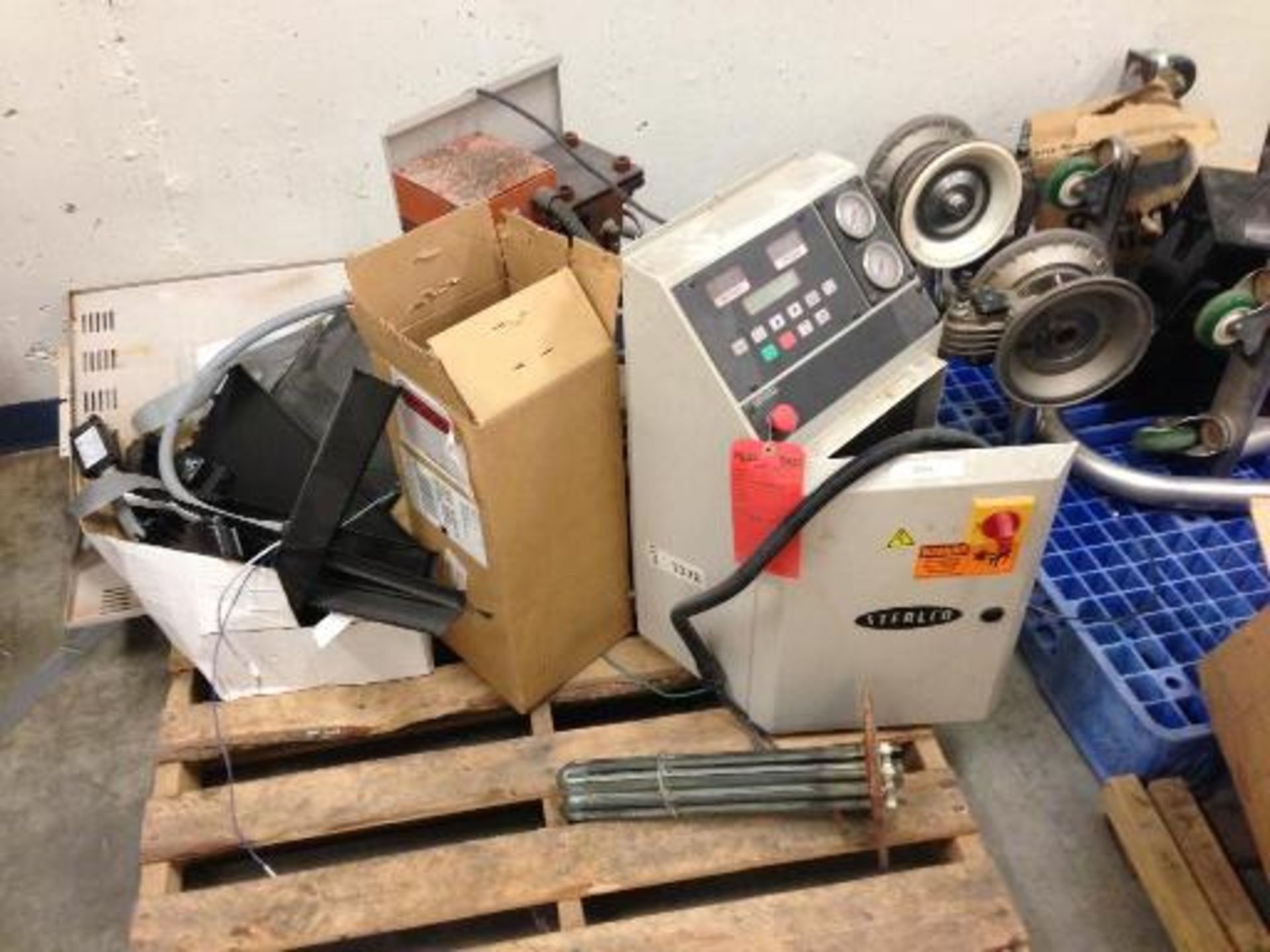 (8) pallets and a cart conveyer parts, heater parts, diaphragm pump parts (LOT) This item located in - Image 4 of 15