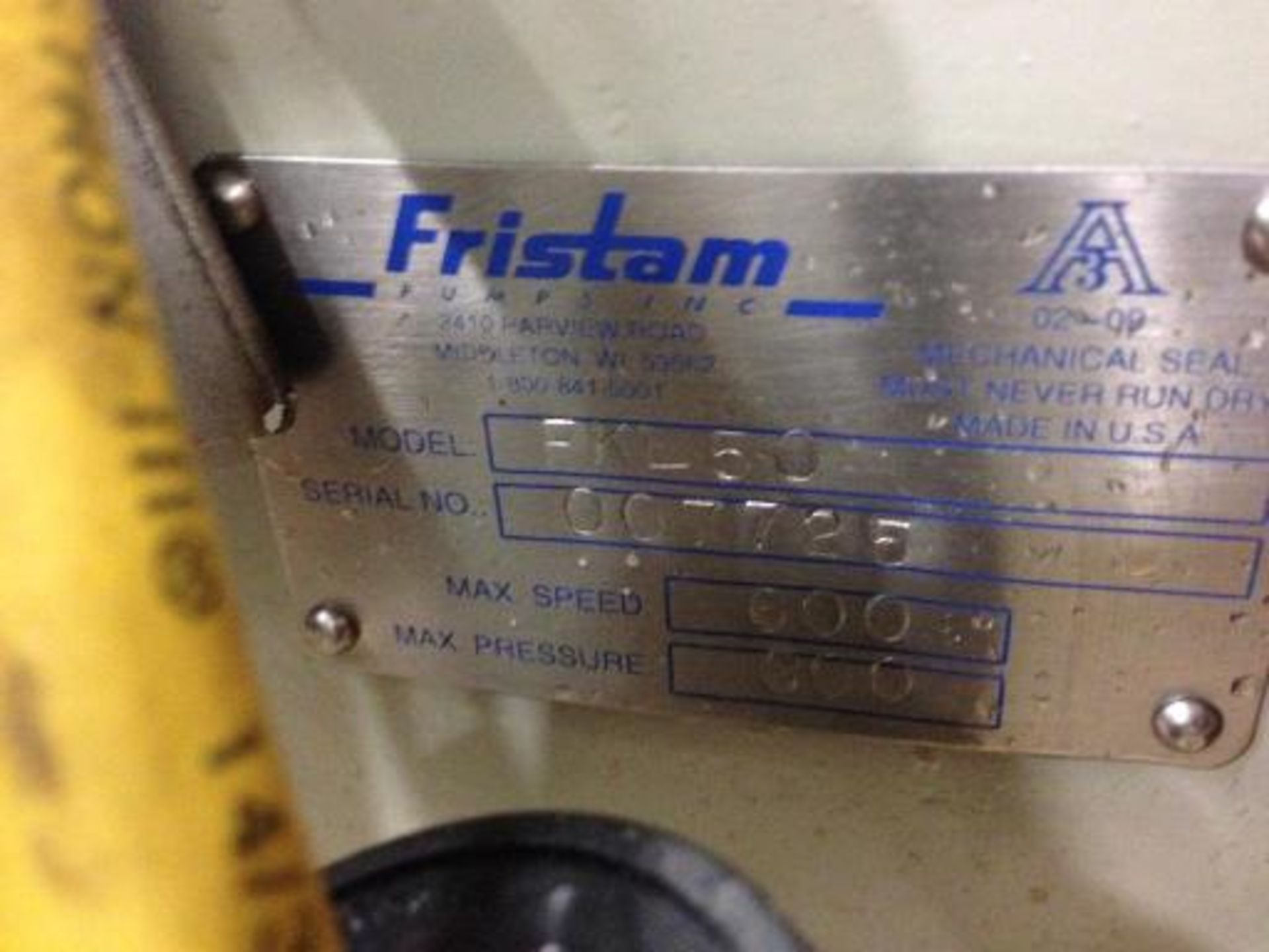 Fristam PD pump model FLK 50, s/n 007725 with electric motor and drive. This item located in Grand - Image 5 of 6