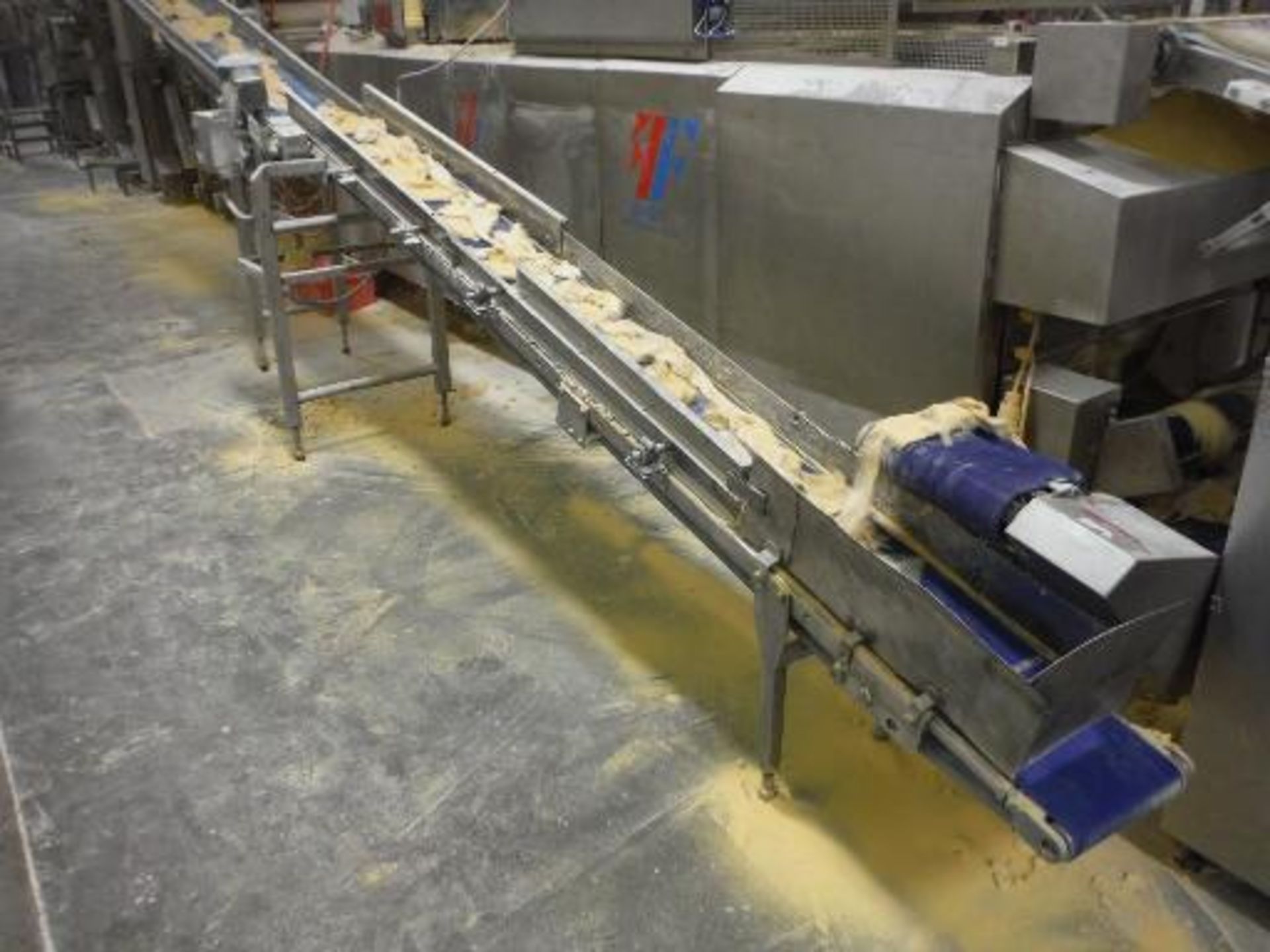Incline conveyor, cleated belt, 139 in. long x 11 in. wide x 45 in. infeed x 45 in. discharge, SS