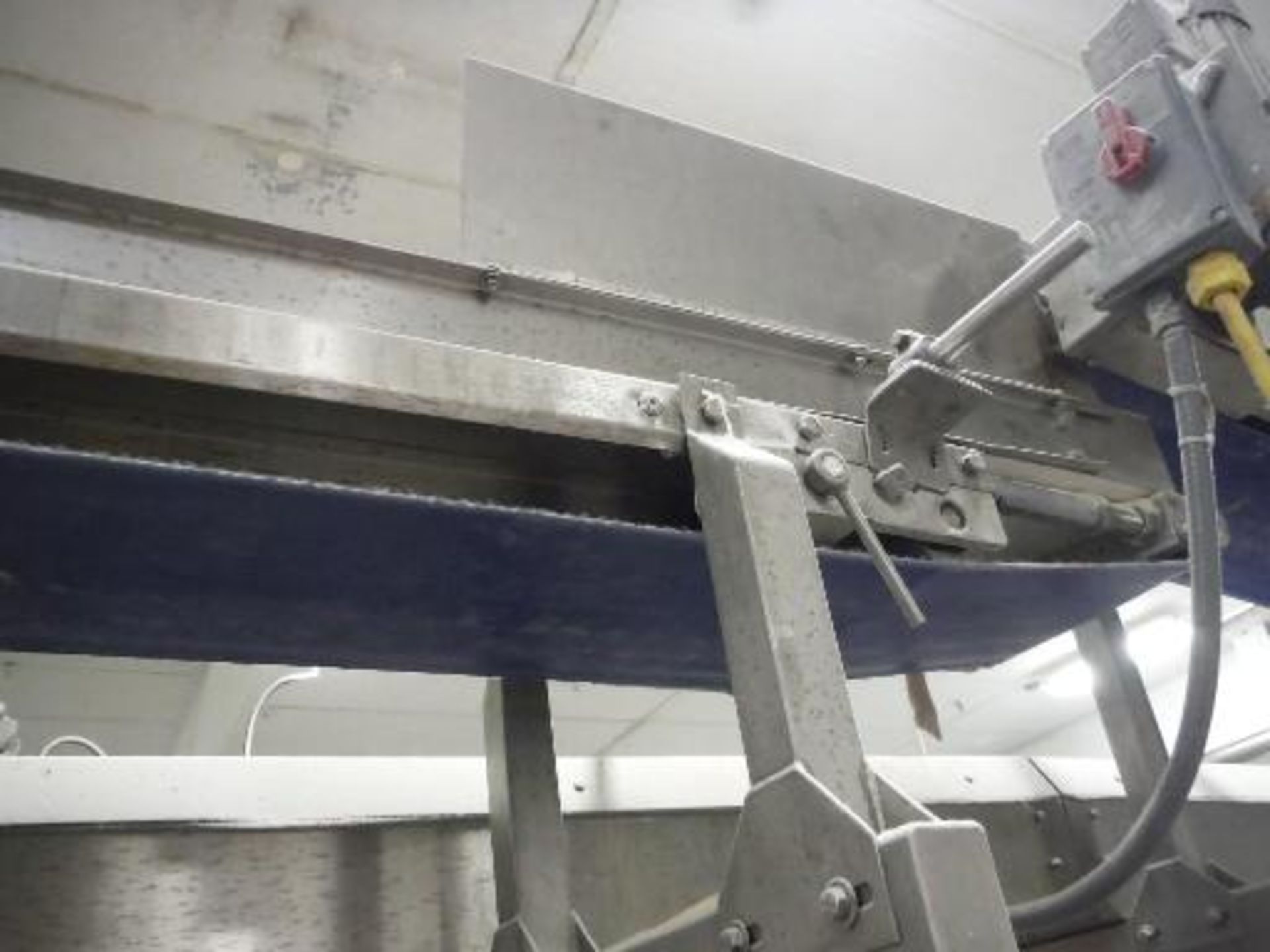 Overhead belt conveyor, blue sanitary belt, 23 ft. long x 12 in. wide, SS frame, with drive   __This - Image 3 of 7