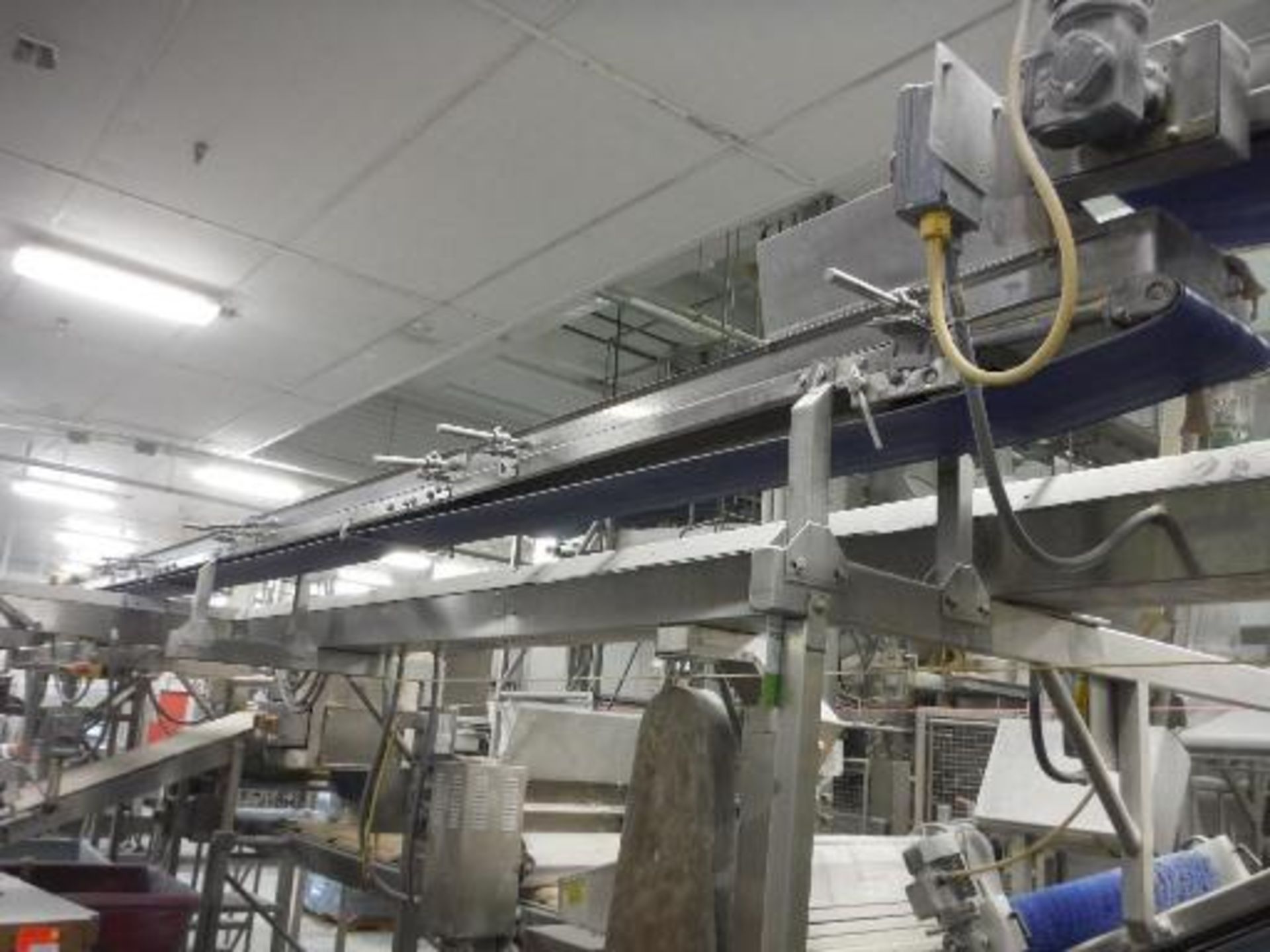 Overhead belt conveyor, blue sanitary belt, 23 ft. long x 12 in. wide, SS frame, with drive   __This