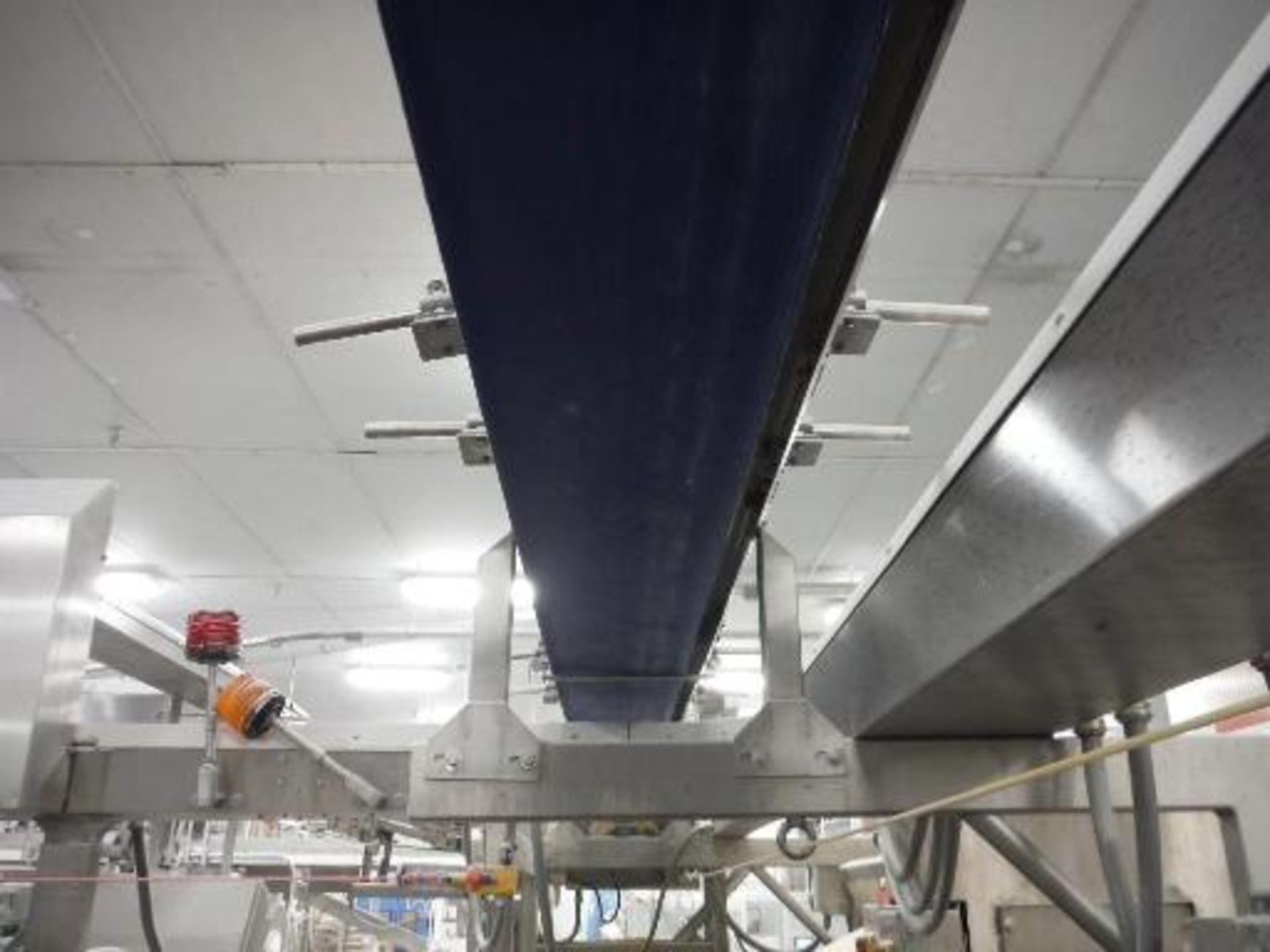 Overhead belt conveyor, blue sanitary belt, 23 ft. long x 12 in. wide, SS frame, with drive   __This - Image 2 of 7