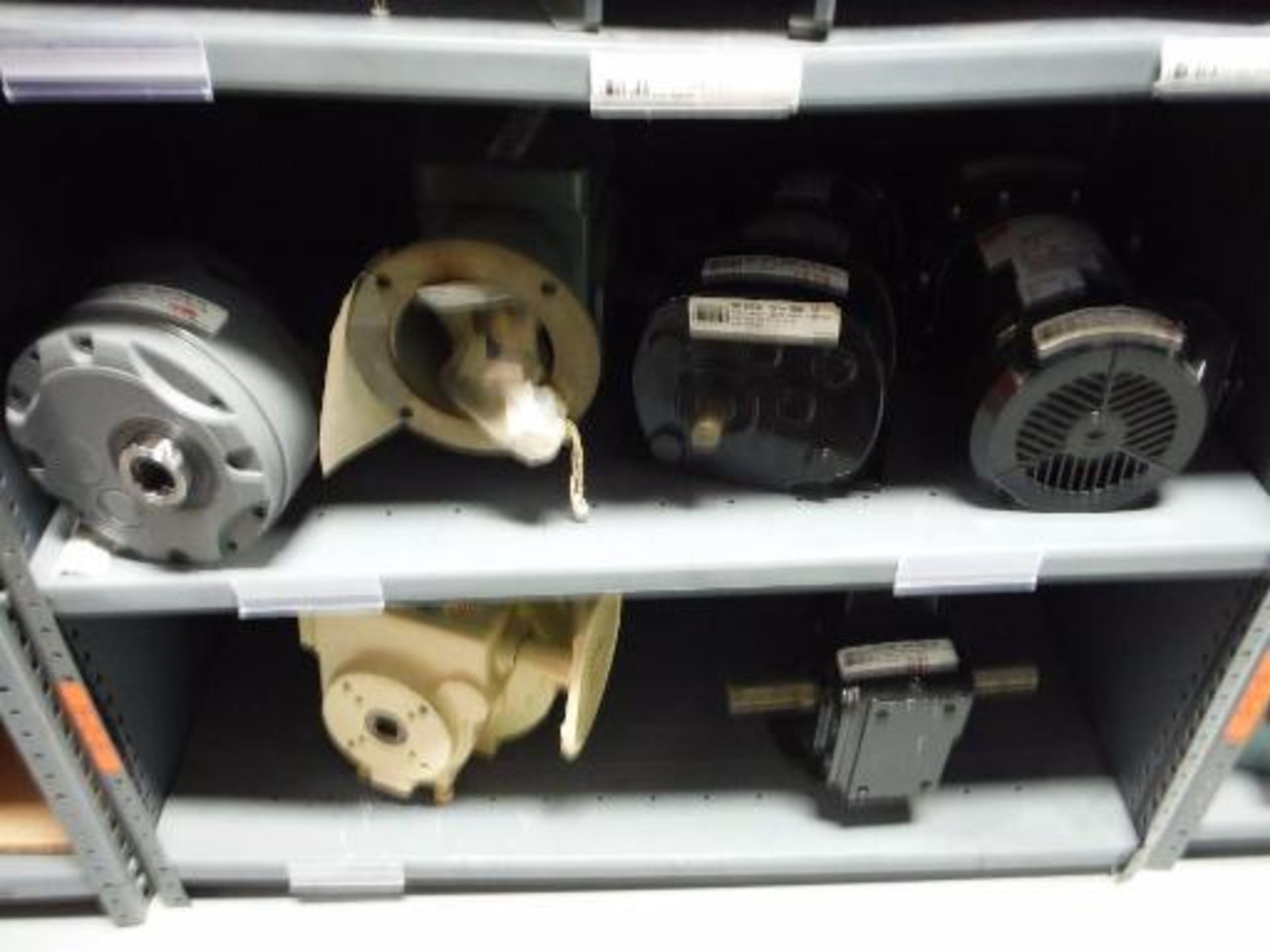 (7) MS Shelves with contents, including miscellaneous gearboxes, motors and parts. Located in - Image 8 of 30
