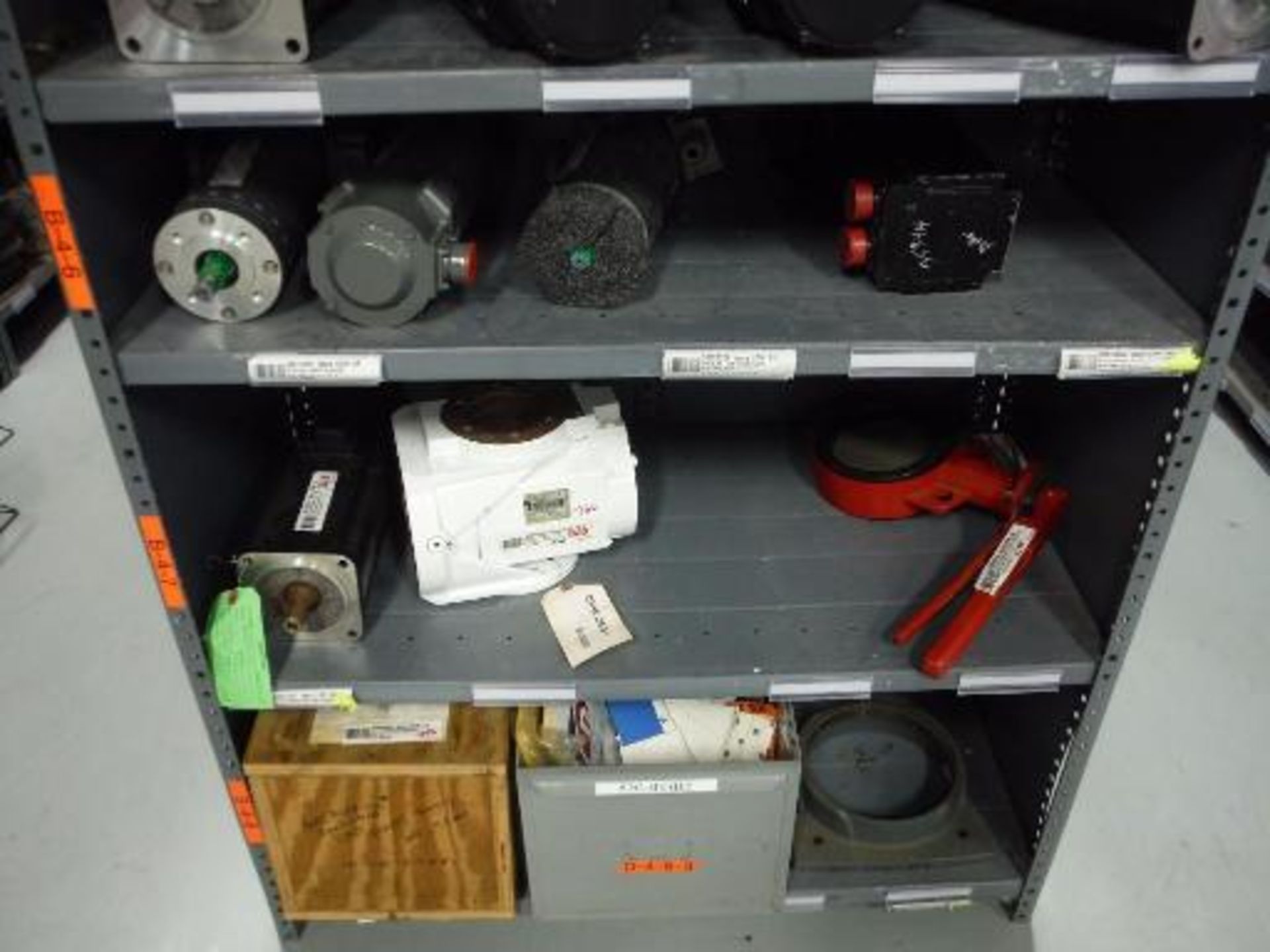 (7) MS Shelves with contents, including miscellaneous gearboxes, motors and parts. Located in - Image 4 of 30