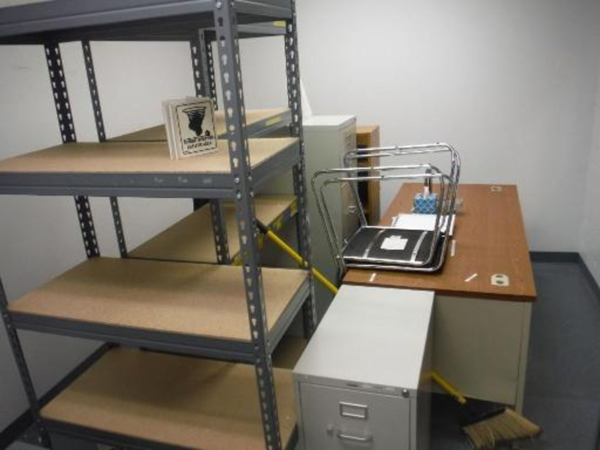 Contents of Office, desk, chairs, file cabinets, and storage shelves. Located in Marion, Ohio