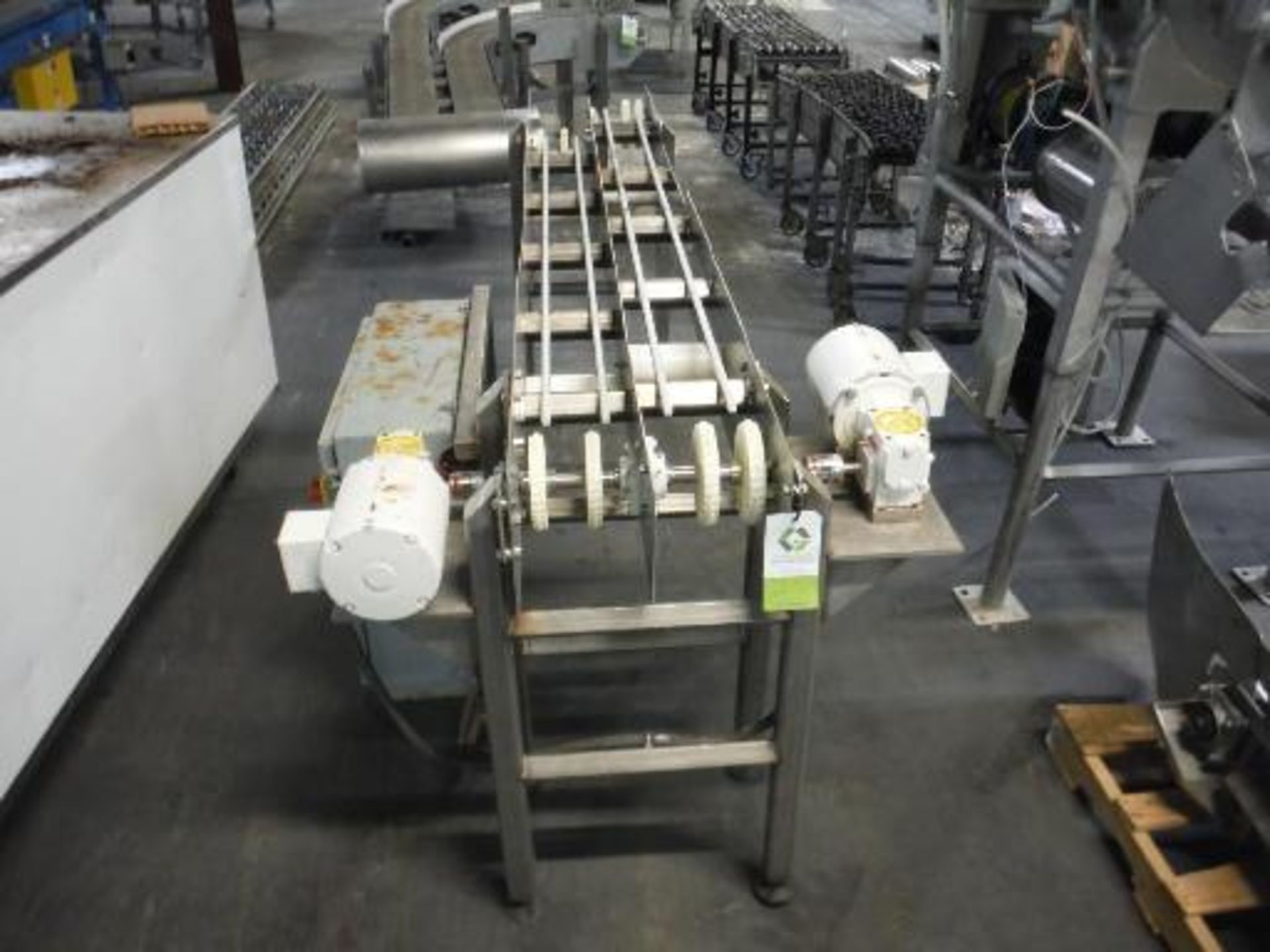 Dual lane conveyor frame for plastic interlock belt, missing belt, lane 1: 80 in. long x 7 in.