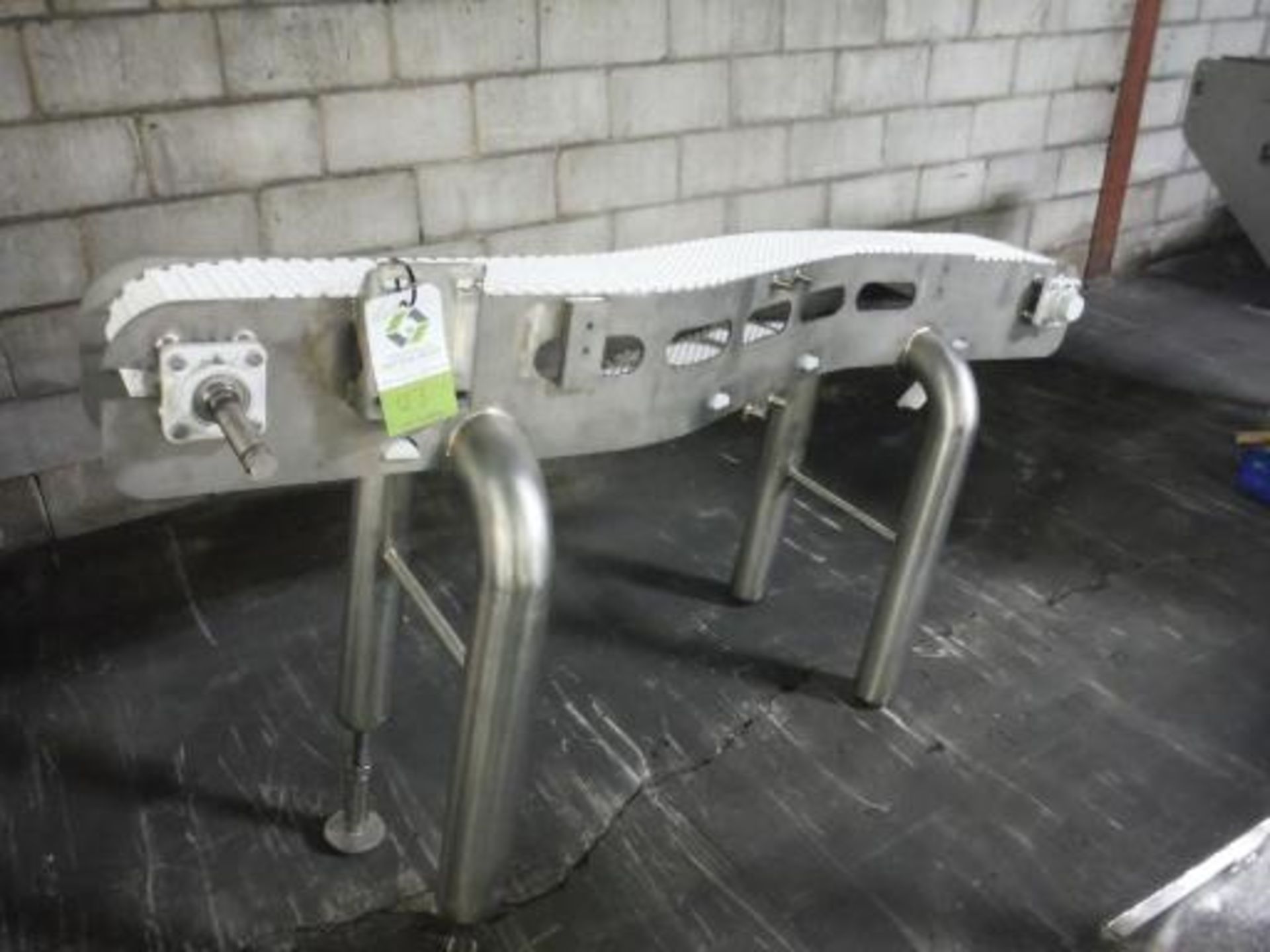 Powered S Conveyor, plastic interlock belt 68 in. long x 6 in. wide x 38 in. tall, SS frame, missing
