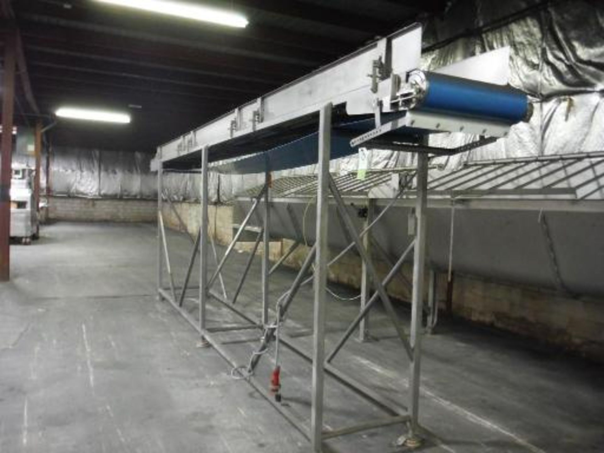 Overhead meat conveyor, 22 ft long x 24 in. wide x 84 in. tall, SS frame This item is located in