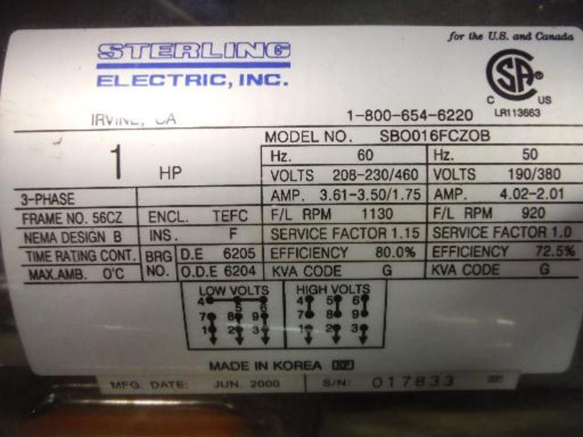 Sterling Electric 1 HP Motor, 3-Phase, Frame-56CZ (without gearbox), Sterling Electric 1/2 HP Motor, - Image 4 of 5