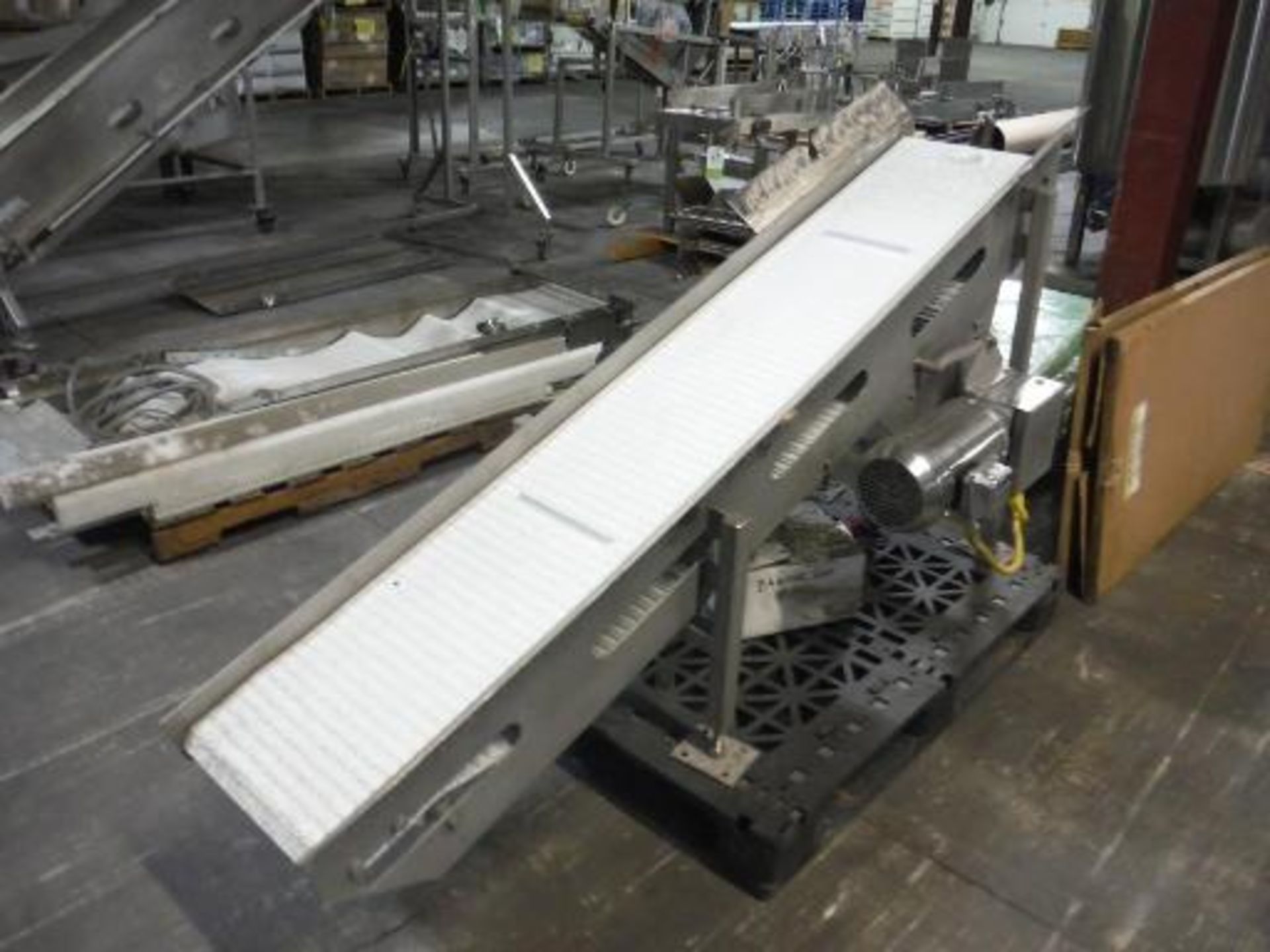 Incline conveyor, plastic interlock cleated belt, 78 in. long x 14 in. wide x 11 in. infeed x 36 in.