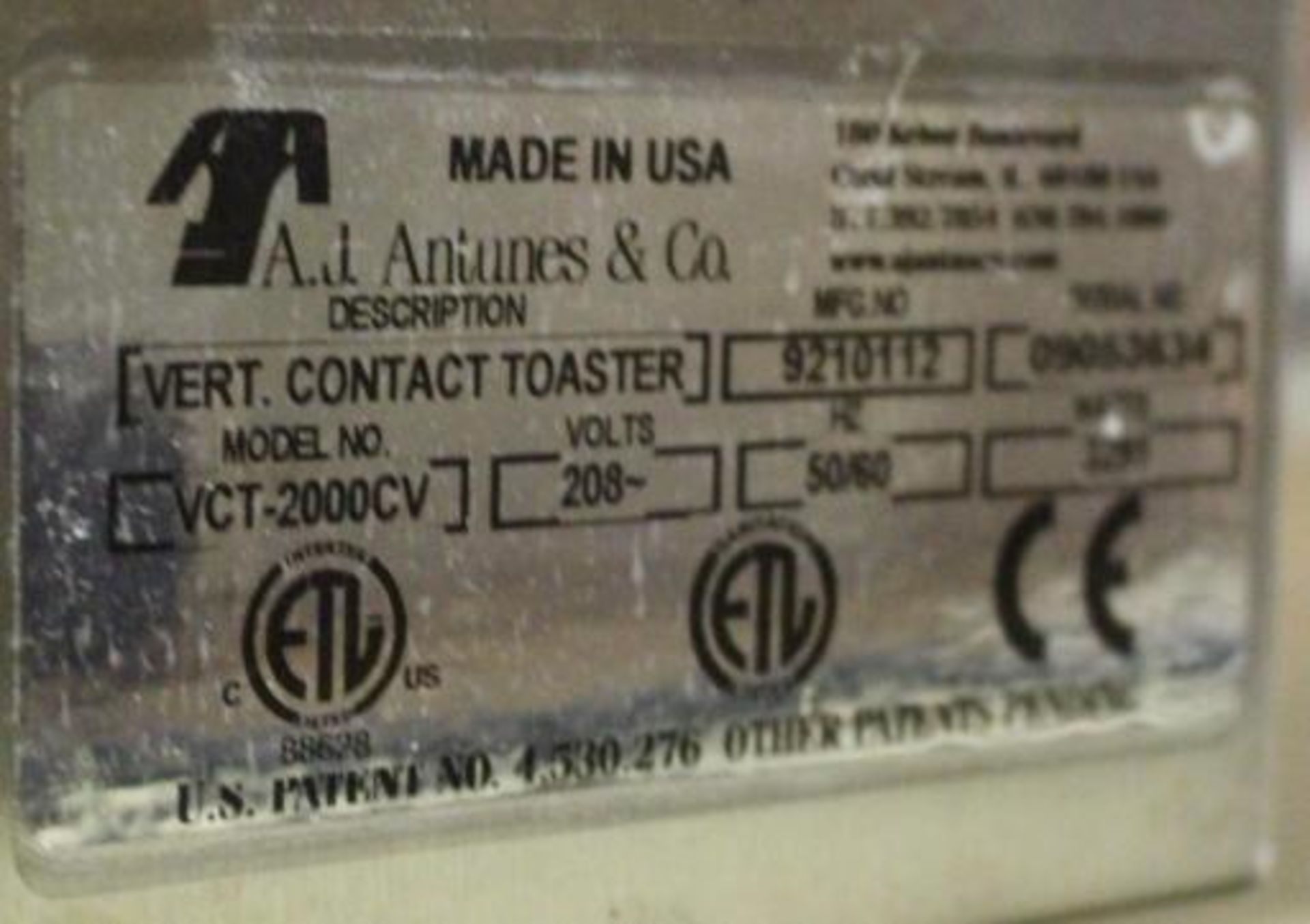 Vertical Commercial Contact Toaster AJ Antunes & Co Model VCT-2000CV Serial 9210112 208 v 50/60 - Image 5 of 5