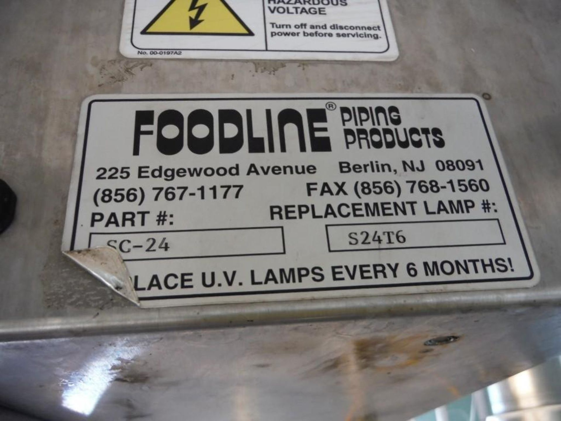 Foodline Piping Prod., UV light, Part Number: SC-24 / Rigging Fee: $350 - Image 3 of 3