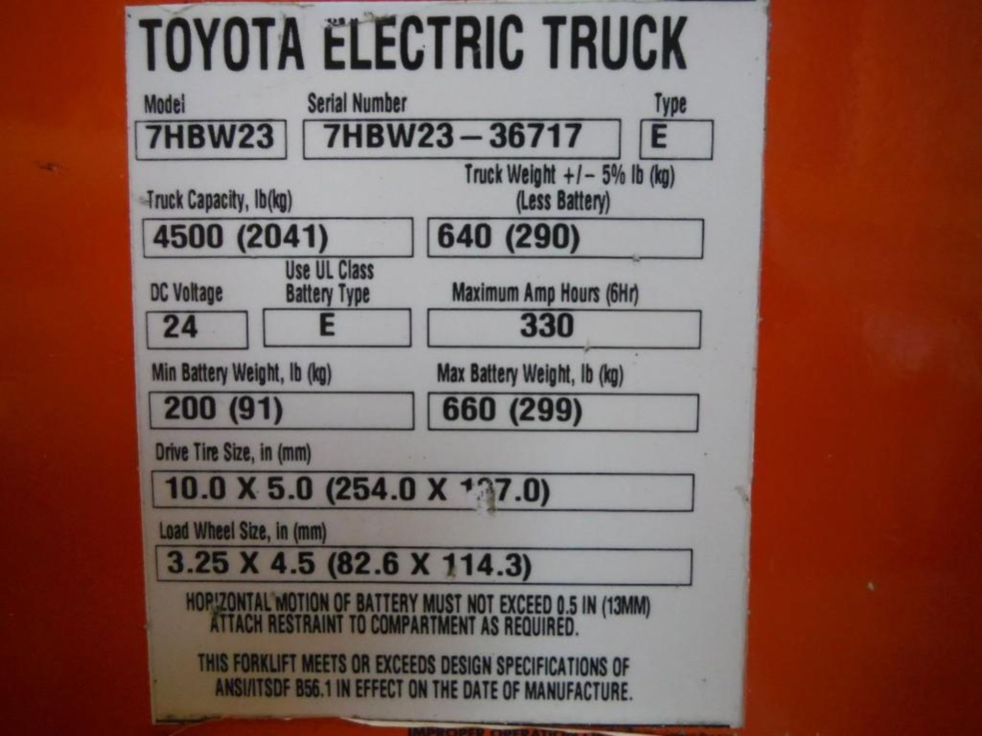 Toyota electric pallet jack, 4500lbs, Model: 7HBW23, S/N: 7HBW23-36717 / Rigging Fee: $35 - Image 2 of 2