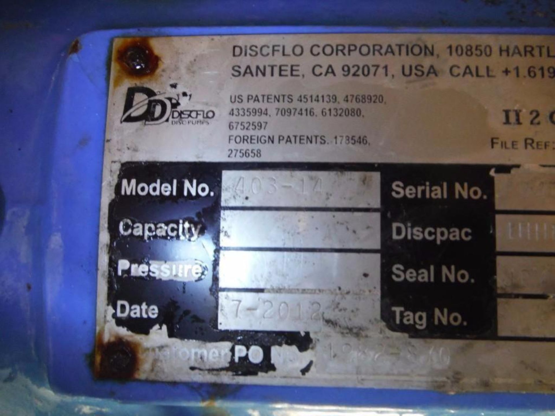 Discflo Pump, Model: 403-14, S/N: 3435, w/ 40 HP motor  Rigging Fee: $30