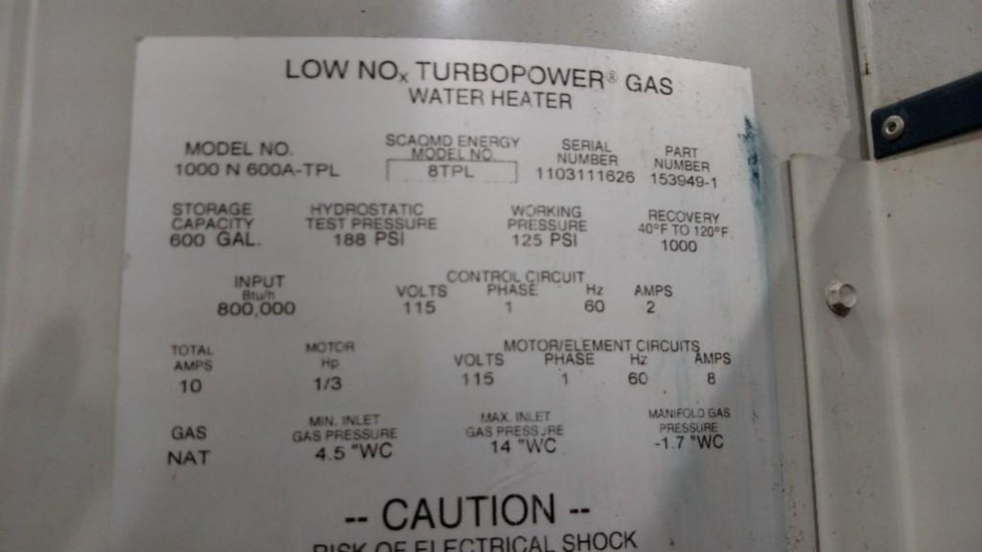PVI natural gas commercial water heater, 600 gal, 120 v, 800,000 btu / Rigging Fee: $100 - Image 4 of 4