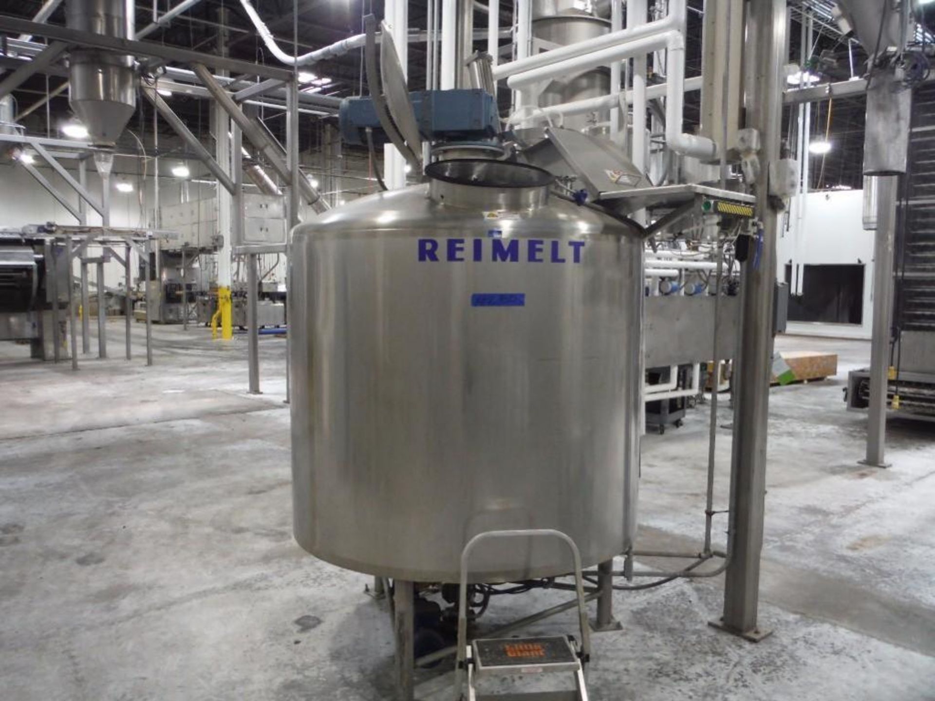 Reimelt SS jacketed mix tank, 65 in. diam x 55 in. tall, 3/4 sweep, single agitation, flat bottom /